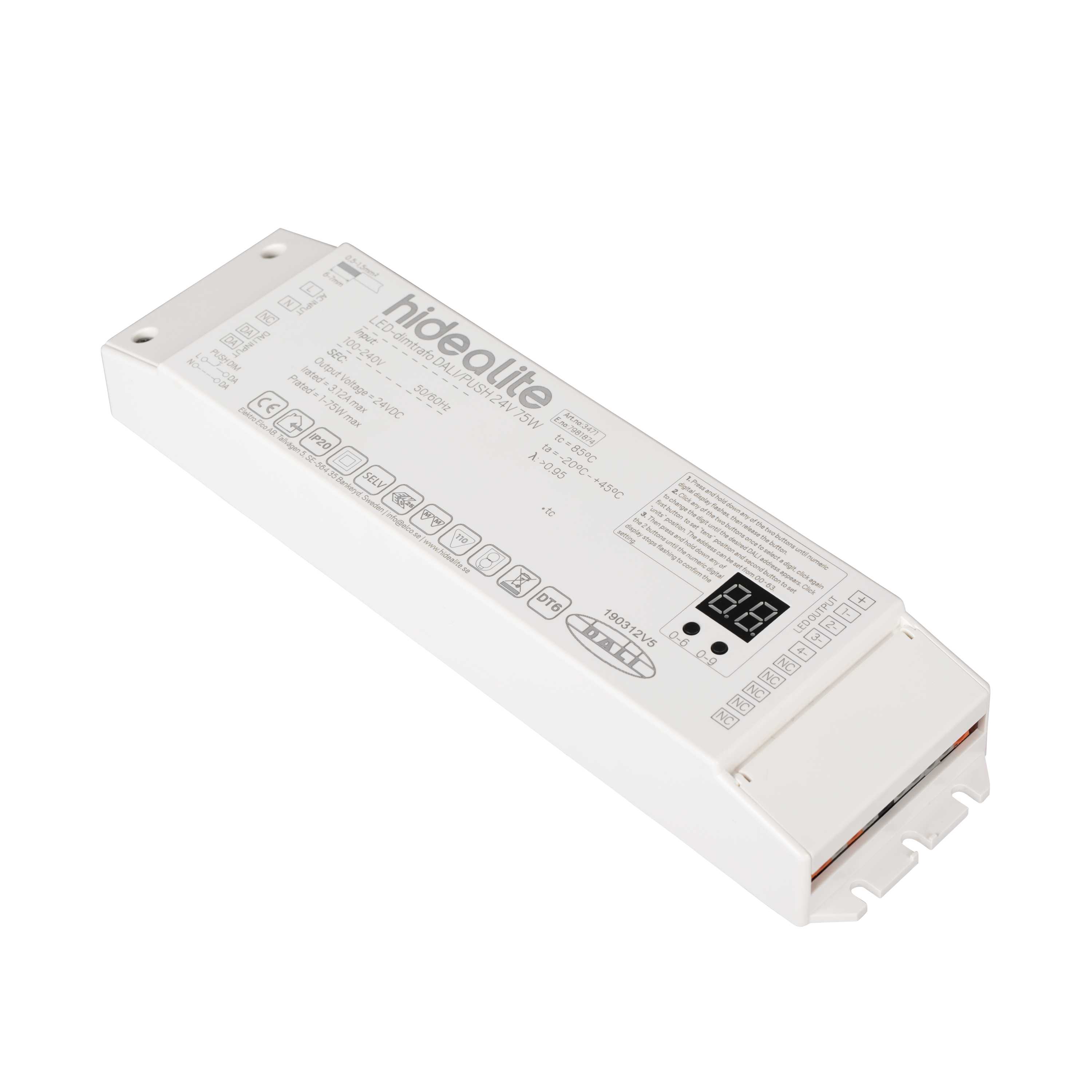 Hide-a-lite - LED-Dimtrafo DALI/PUSH 24V 75W. for dimming av LED striper, singelfarge via Push (230V) eller DALI.