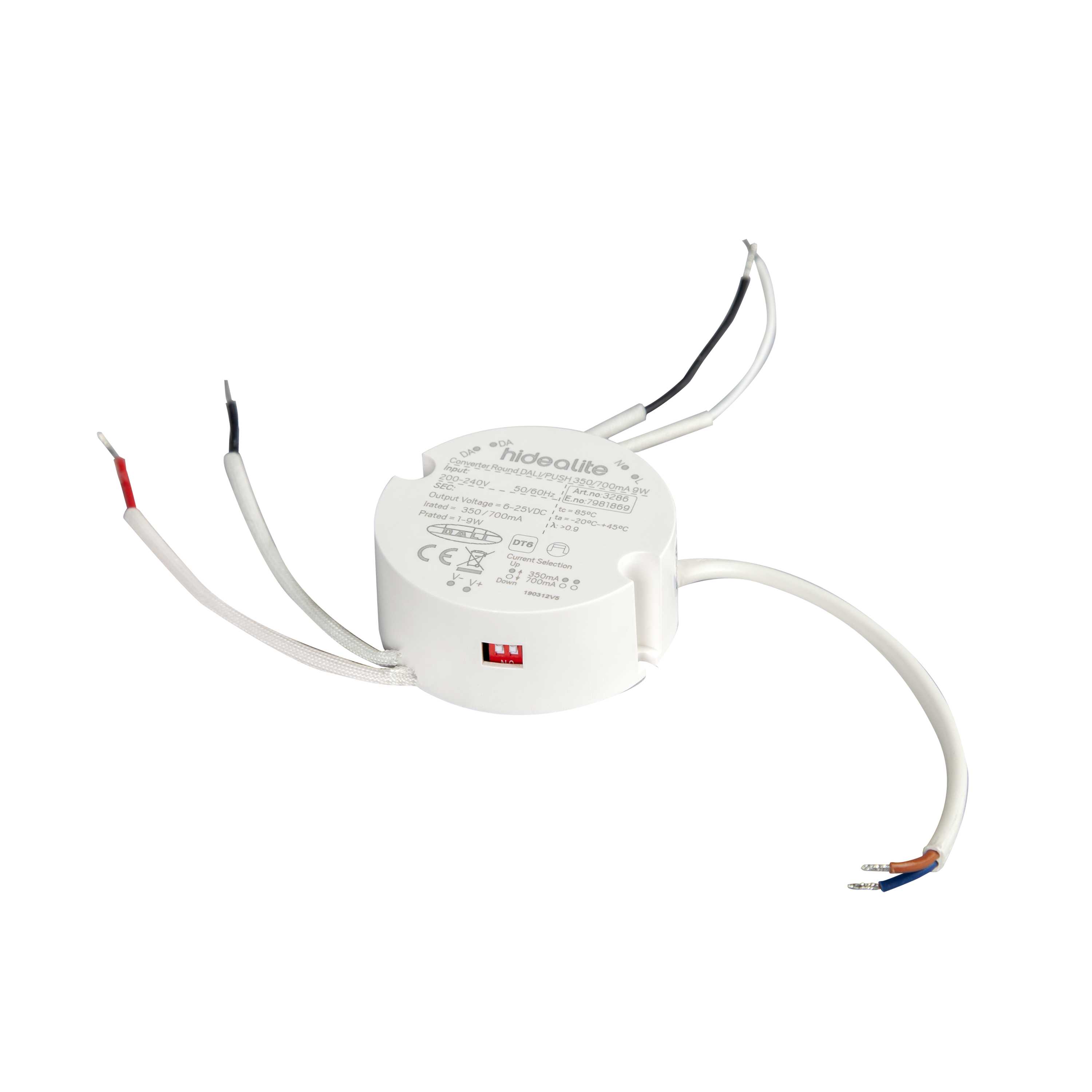 Hide-a-lite - DALI konverter, stillbar 350mA/700mA, 9W For mont. i veggboks Dimbar via DALI og push (230V).