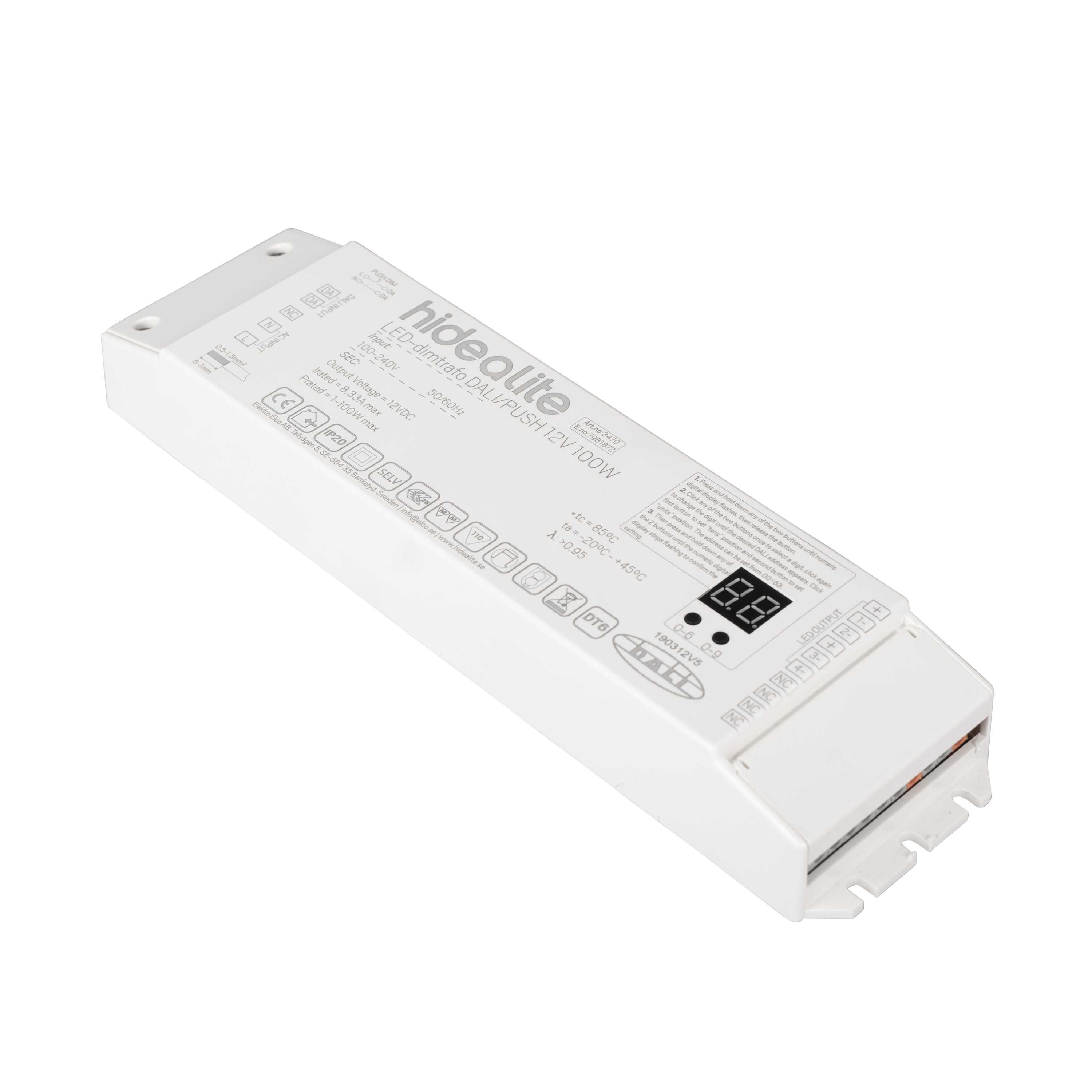 Hide-a-lite - LED-Dimtrafo DALI/PUSH 12V 100W. for dimming av LED striper, singelfarge via Push (230V) eller DALI.