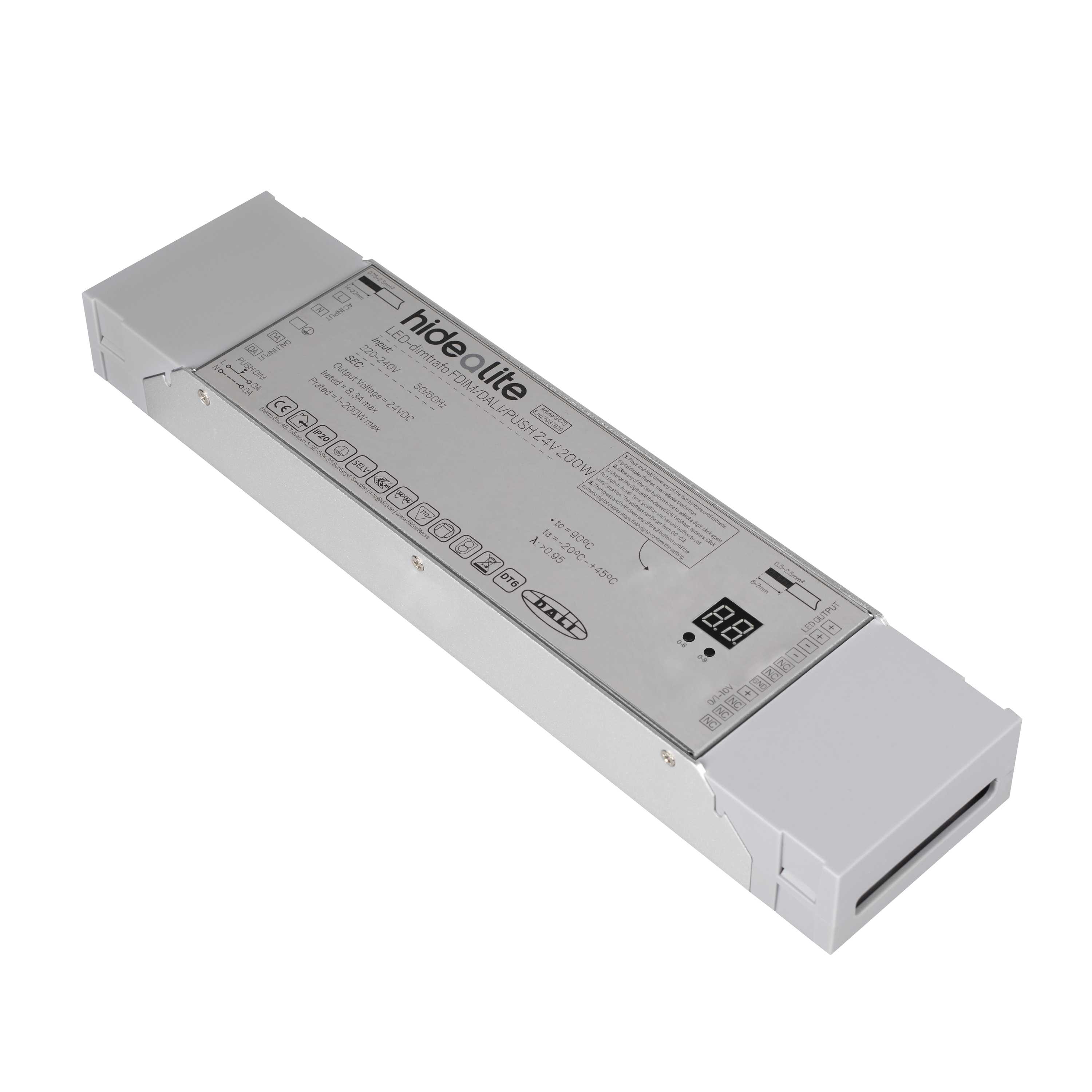 Hide-a-lite - LED-dimtrafo FDIM/DALI/PUSH 24V 200W For fasedim av LED-striper + dim via Push(230V),DALI , 0/1-10V.