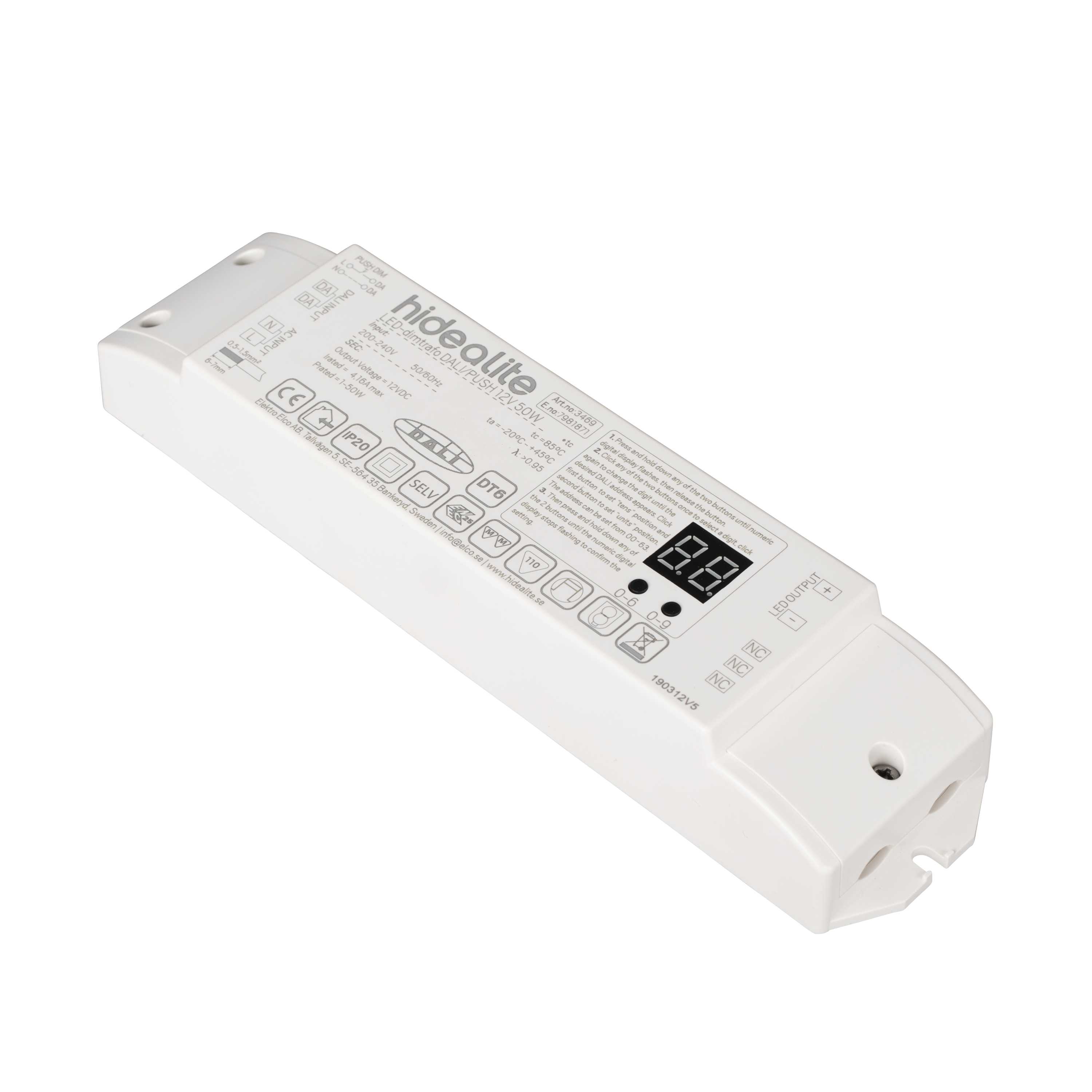 Hide-a-lite - LED-Dimtrafo DALI/PUSH 12V 50W. for dimming av LED striper, singelfarge via Push (230V) eller DALI.