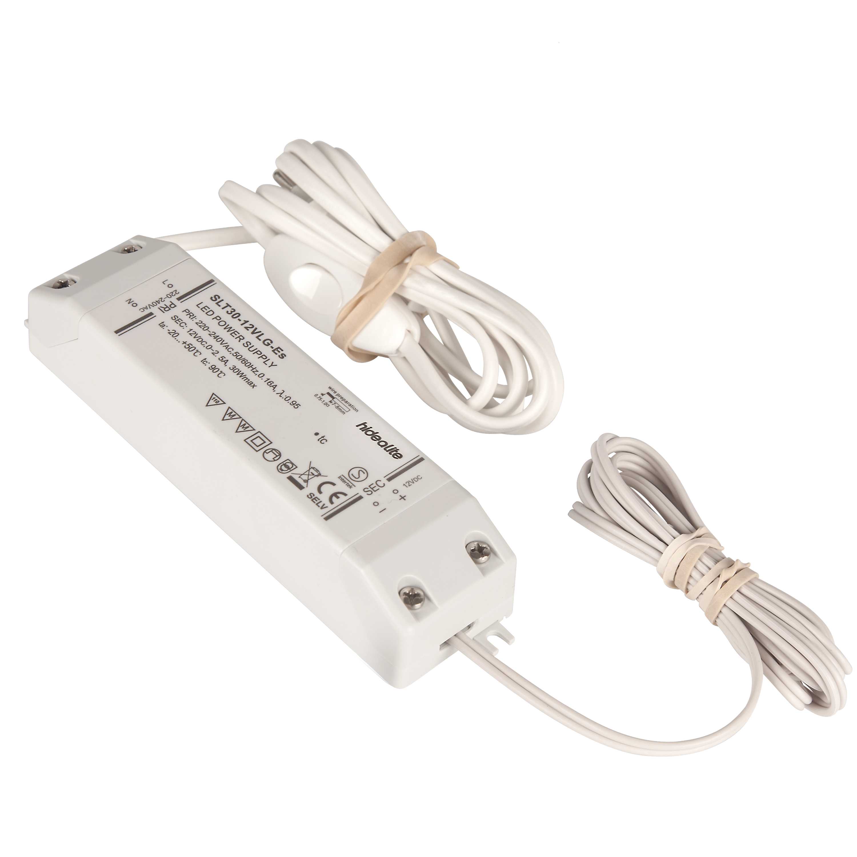 Hide-a-lite - Likespenningstransformator til 12V LED-lyskilder, en utgang, belastning 0-30W, m. ledn. Standby 0,3W