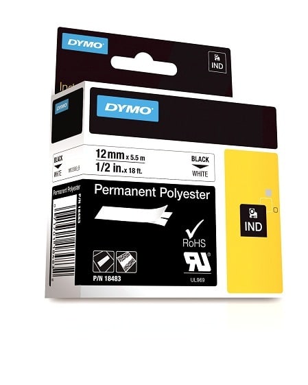 Dymo - MERKETAPE DYMO PLP-BLK-WHT12  12MM S/HVIT  PERMANENT