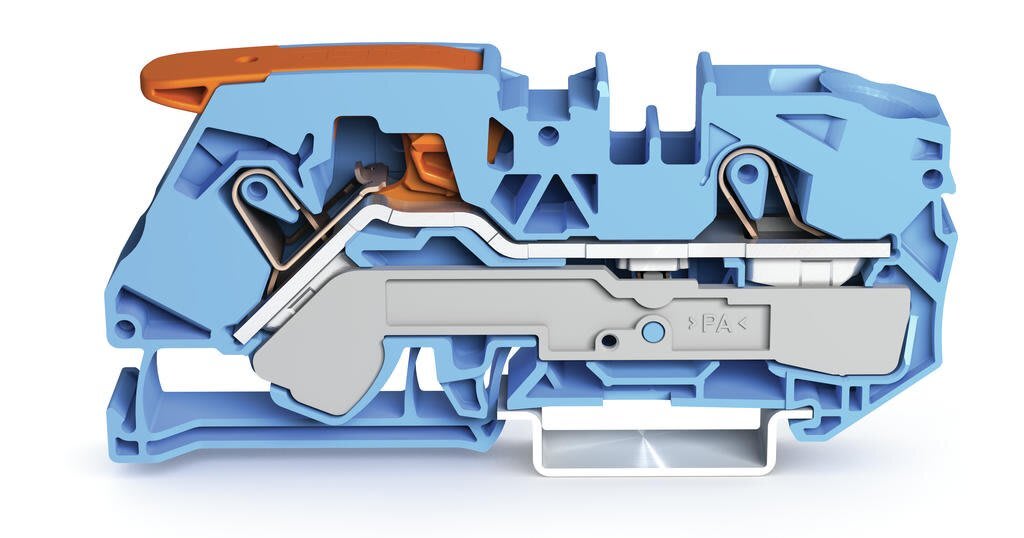 WAGO - 2-leder gjennomgående rekkeklemme;med spak og pluggbar CAGE CLAMP®;16 mm²;blå