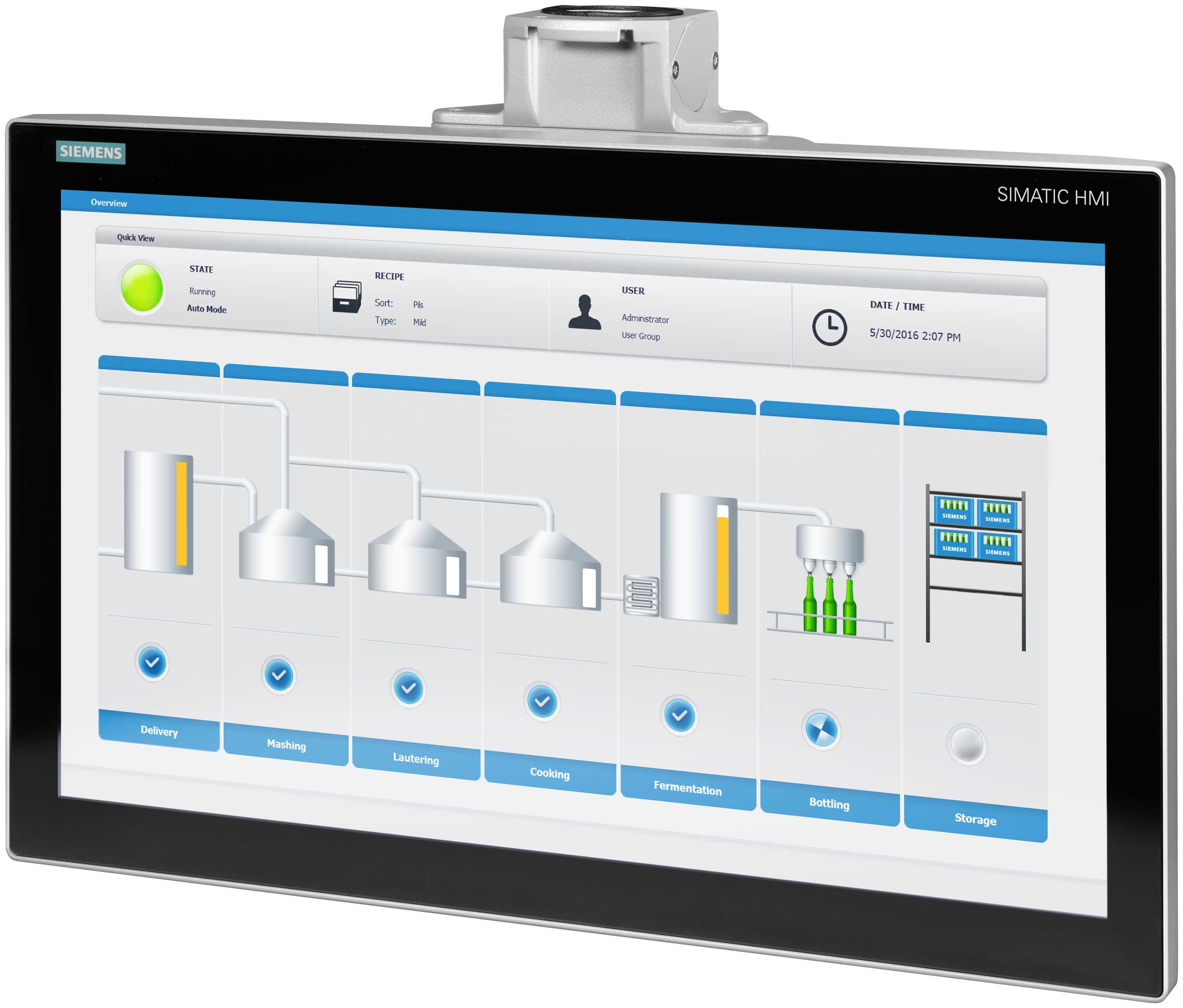 Siemens - Industriell Tynnklient, 22" Multitouch, Svingarm, RDP/VNC, 24V DC