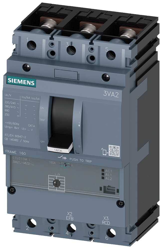 Siemens - 3VA21, ETU310M, 3P, 100A, bolttilkobling,70kA, II=300-1500A, kortsltningsvern/starter protection