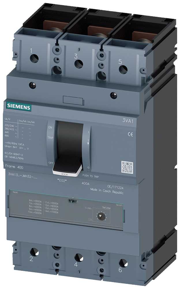 Siemens - 3VA13, 3P, 320A, TM120M, med bolttilkobling,55kA, II=2240-4480A, kortsltningsvern/starter protection