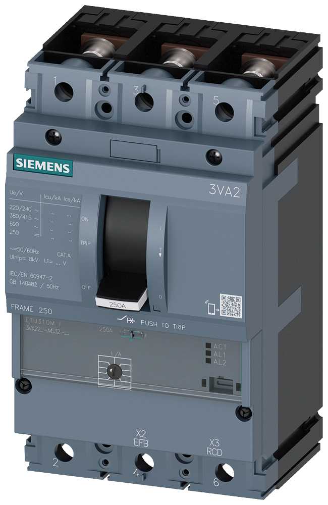 Siemens - 3VA22, ETU310M, 3P, 160A, bolttilkobling,70kA, II=480-2400A, kortsltningsvern/starter protection