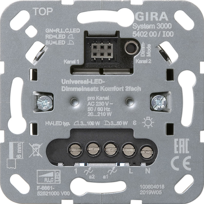 GIRA - S3000 elektronisk dobbel dimmer for veggboks. Inng. for slaver. Benyttes med vipper i S3000-serien.
