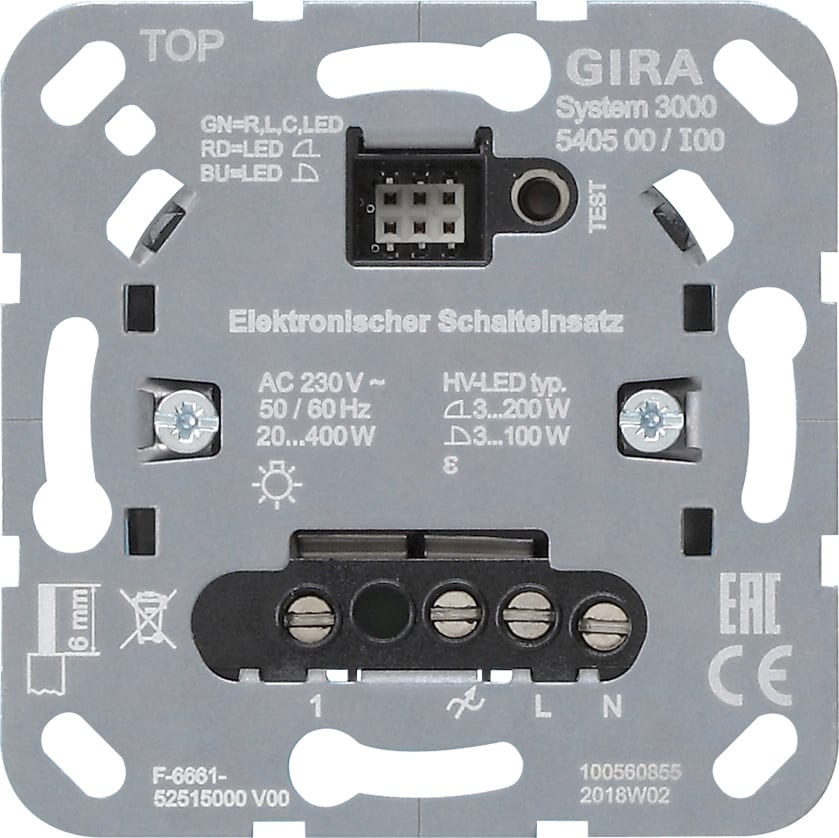 GIRA - S3000 bryterinnsats elektronisk m. sikkerhetsfunksjoner. Benyttes med ulike påsatser i S3000-serien.