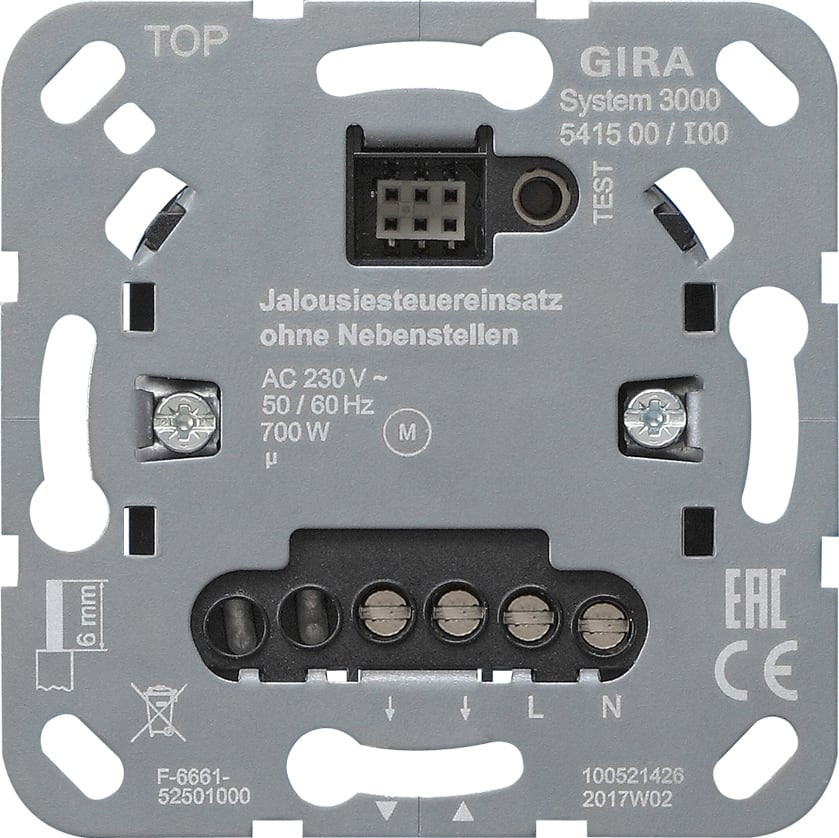GIRA - System 3000 persiennestyreinnsats for motoriserte avblendinger. Benytt påsatser i S3000-serien.