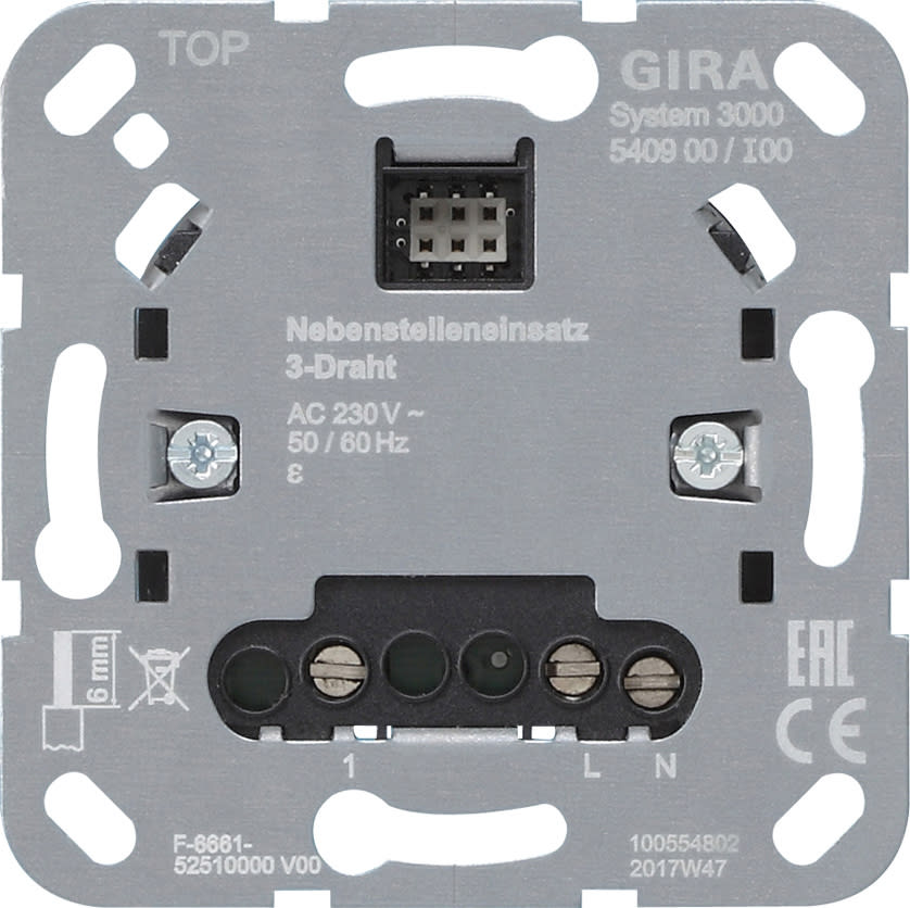 GIRA - S3000 slaveinnsats 3-leder for betjening av S3000-innsatser. Kombineres med påsatser i S3000-serien.