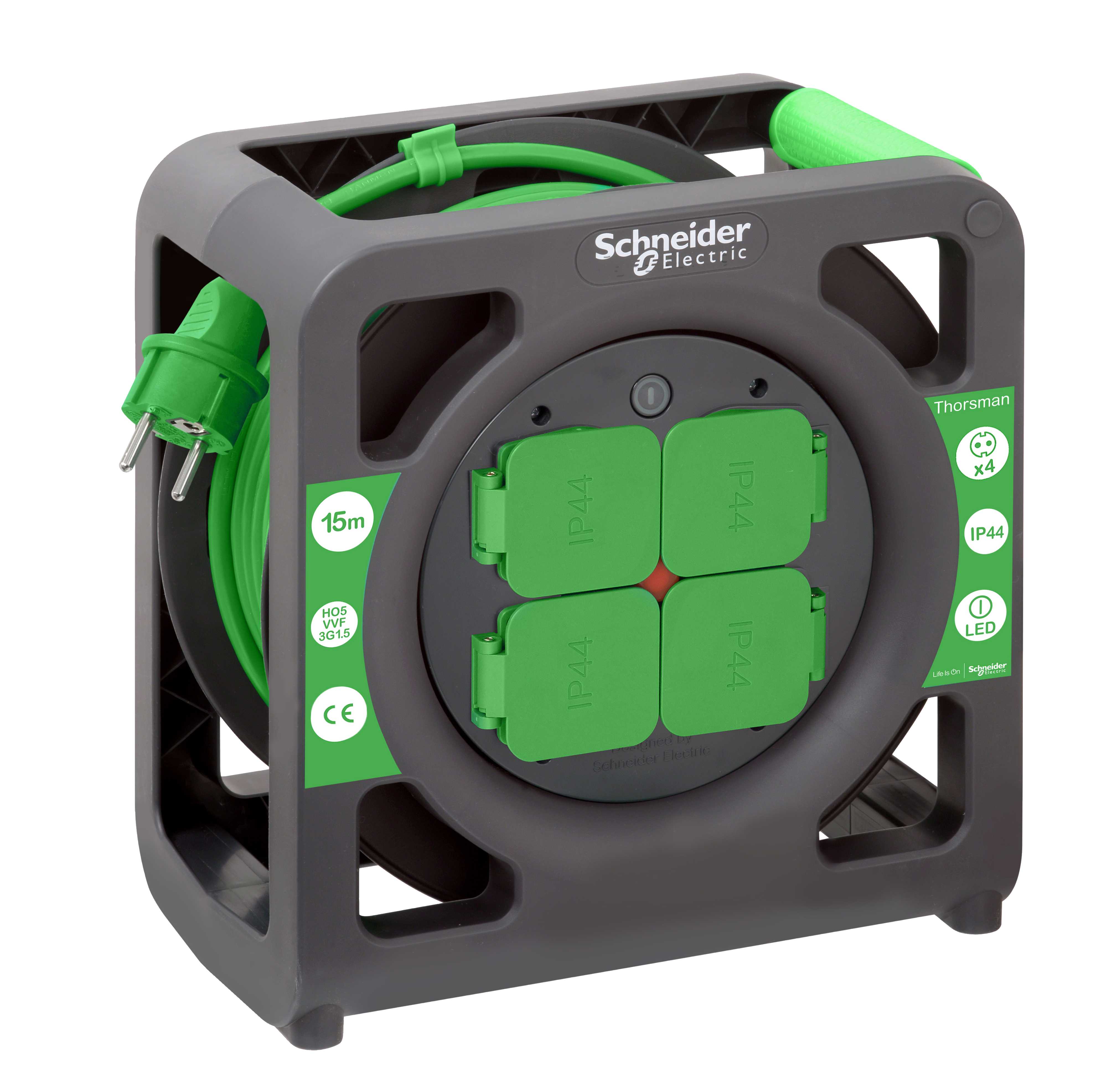 Thorsman
 - Kabeltrommel 15m 3G1.5mm2, 4 stikkontakter med lokk, IP44, Schuko