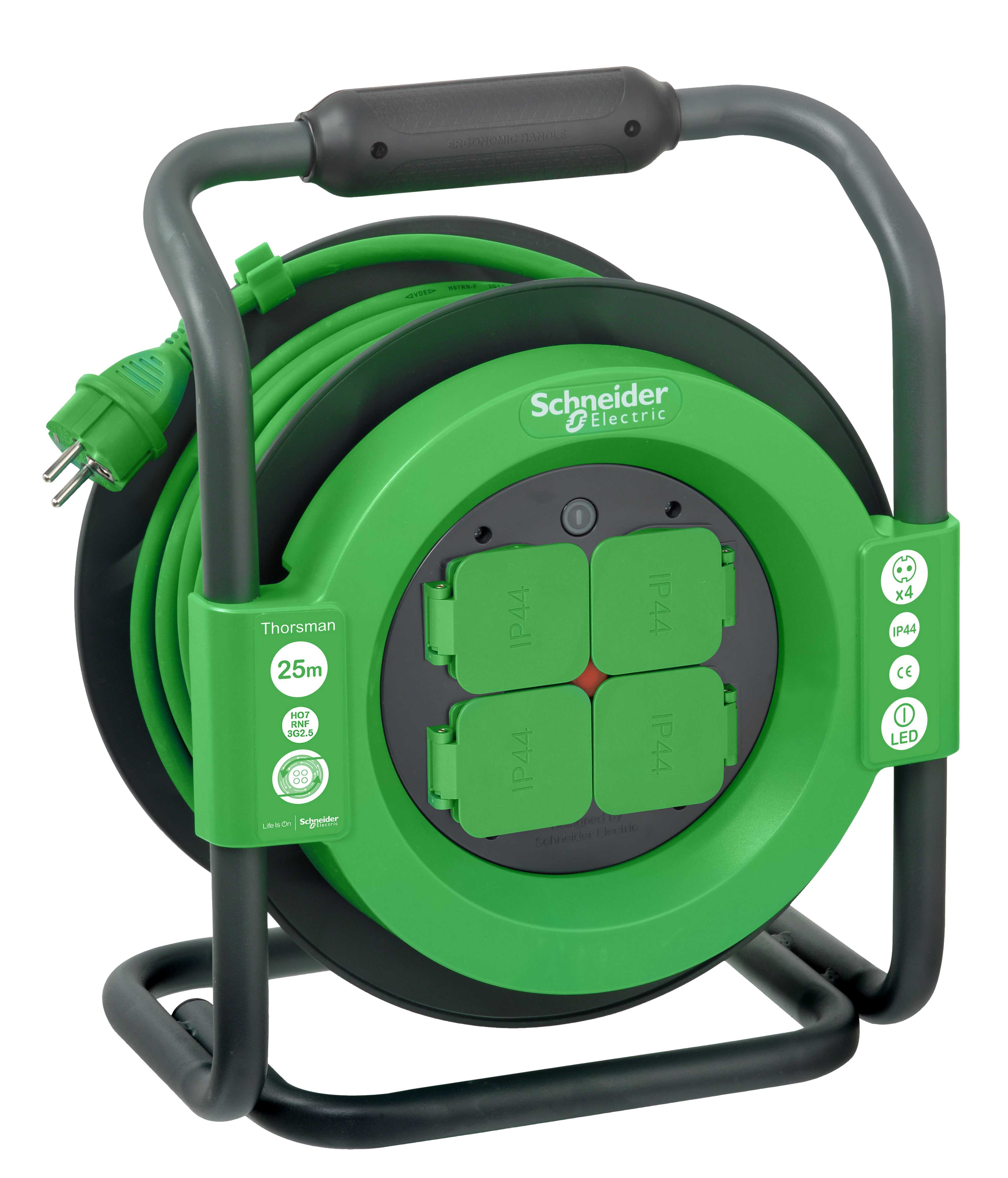 Thorsman
 - Kabeltrommel 25m 3G2.5mm2, 4 stikkontakter med lokk, IP44 , Schuko