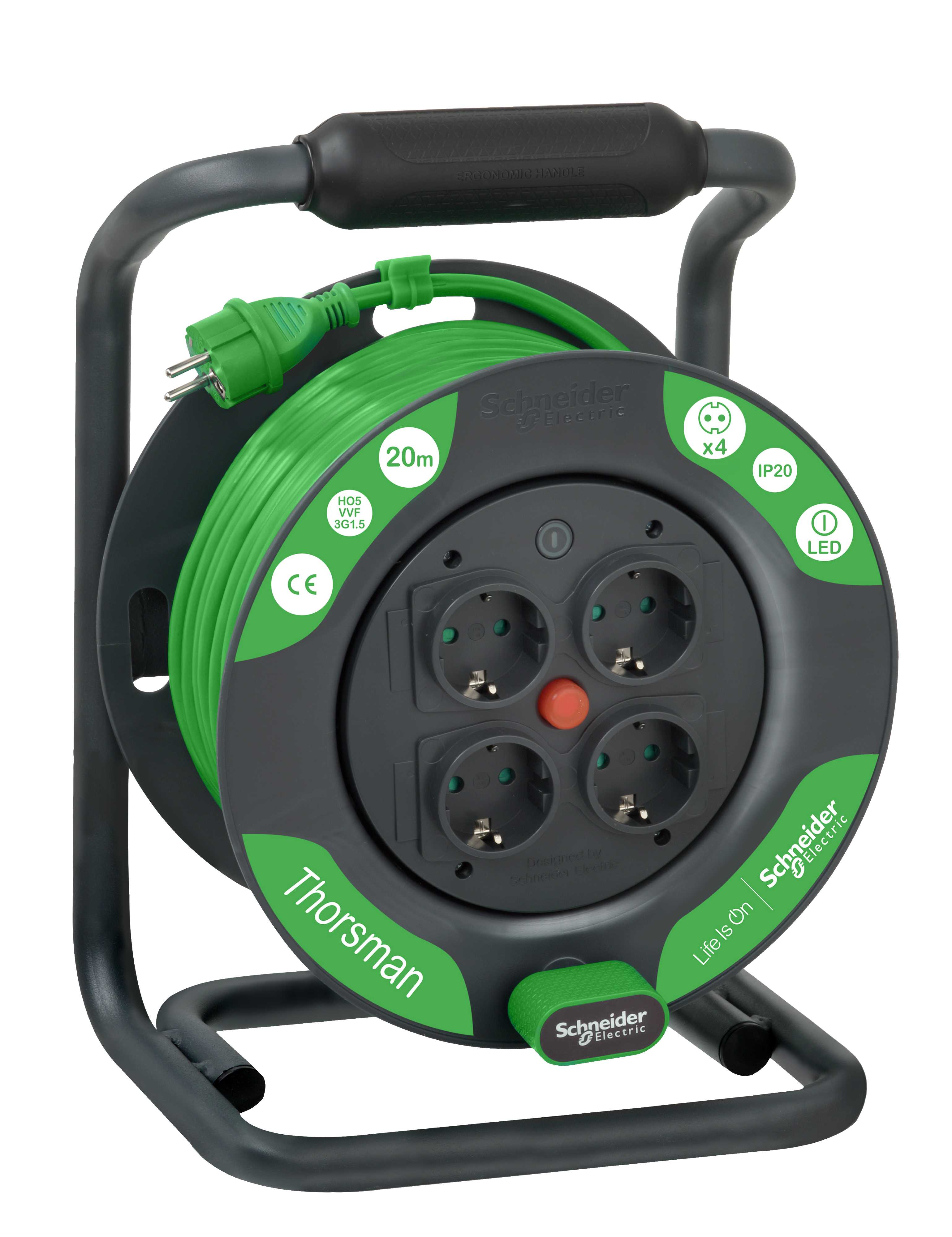 Thorsman
 - Kabeltrommel 20m 3G1.5mm2, 4 stikkontakter med dummy hul, IP20, Schuko