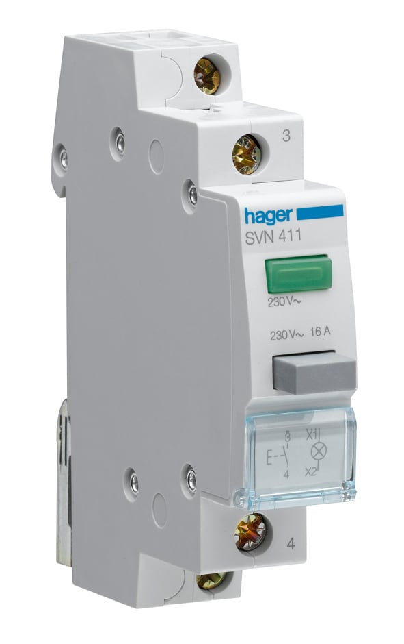 Hager - Impulsbryter, 1-mod, 1no grønn led, 16A, 230VAC