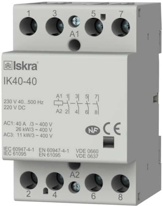 Iskra - Installasjonskontaktor 4 polt, 40 A, 230 V AC/DC spole