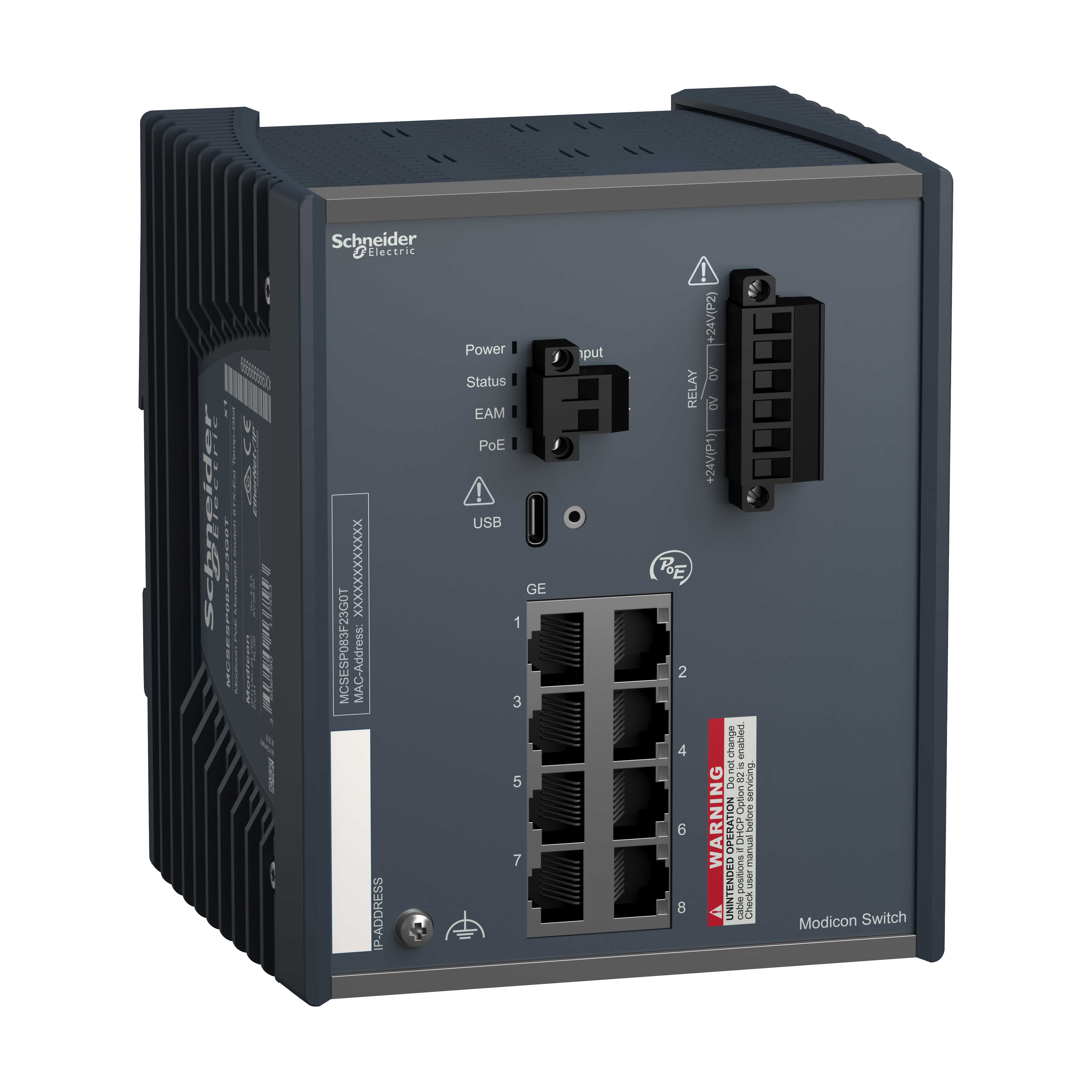 Schneider Electric - Modicon Ethernet PoE Managed Switch 8TX til miljø med høy omgivelsestemperatur