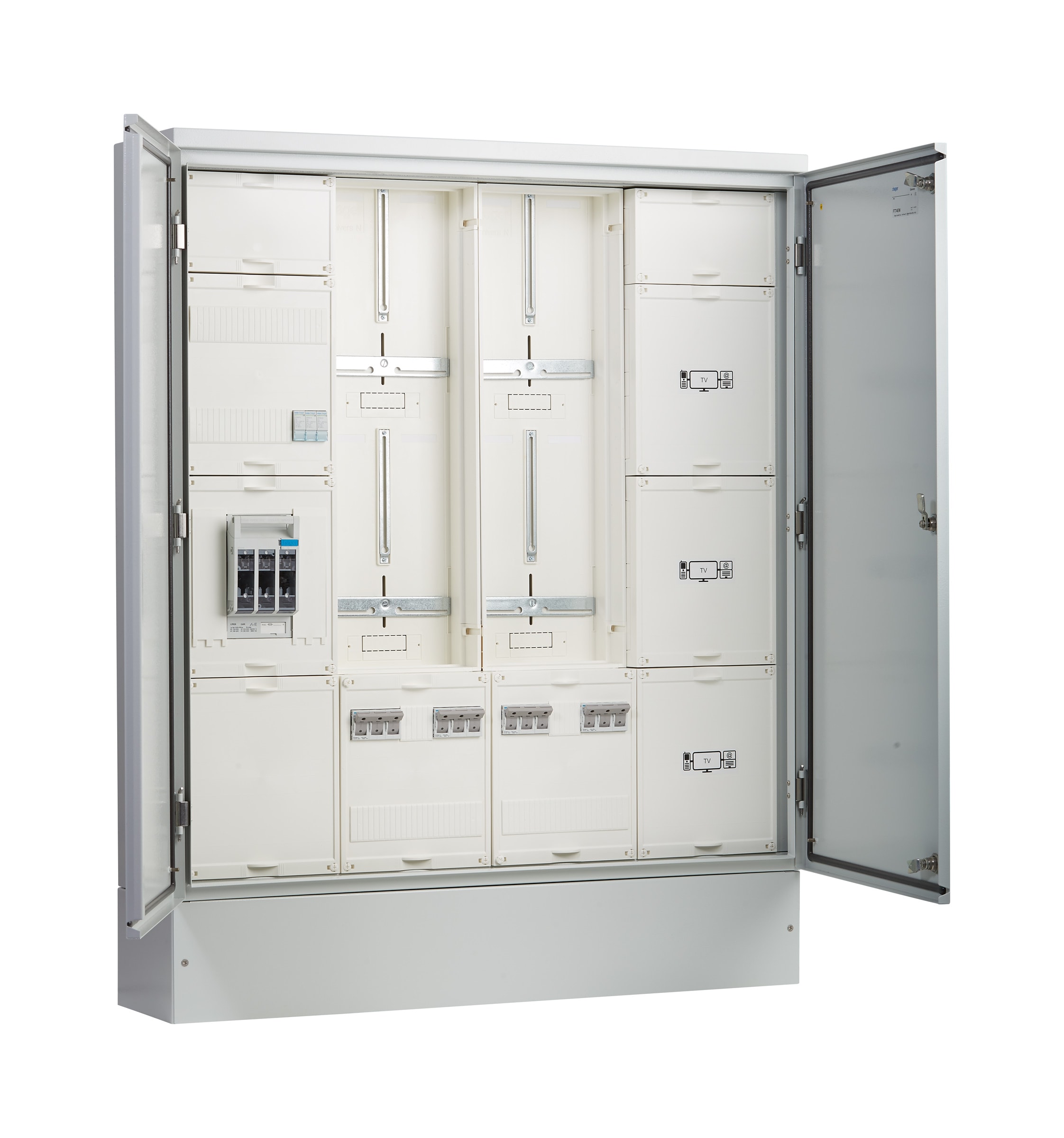 Hager - Tks tilknytningsskap, 230V IT 125A inntak, 4 måleranlegg, kl.I - jord, RAL7035 grå farge