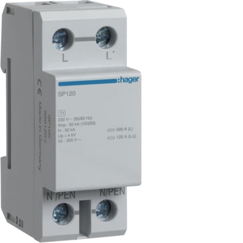 Hager - Overspenningsvern 1-pol 230/ 400V nett, Uc 255V, Up 4kV, Iimp (10/350) 50kA, In 50kA, typ1 grovvern (kl.B)
