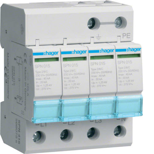 Hager - Overspenningsvern SPN415, 3+N 400V TNS nett, Uc 275V, Up=1,5V, In 20kA, Imax 40kA, type2-mellomvern (kl.C)