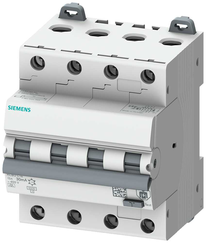 Siemens - Jordfeilautomat, 4P, 16A, Type A 30mA, C-Kar, 6 kA, Un: 230/400V,tverrsnitt 35mm2, moment 2Nm