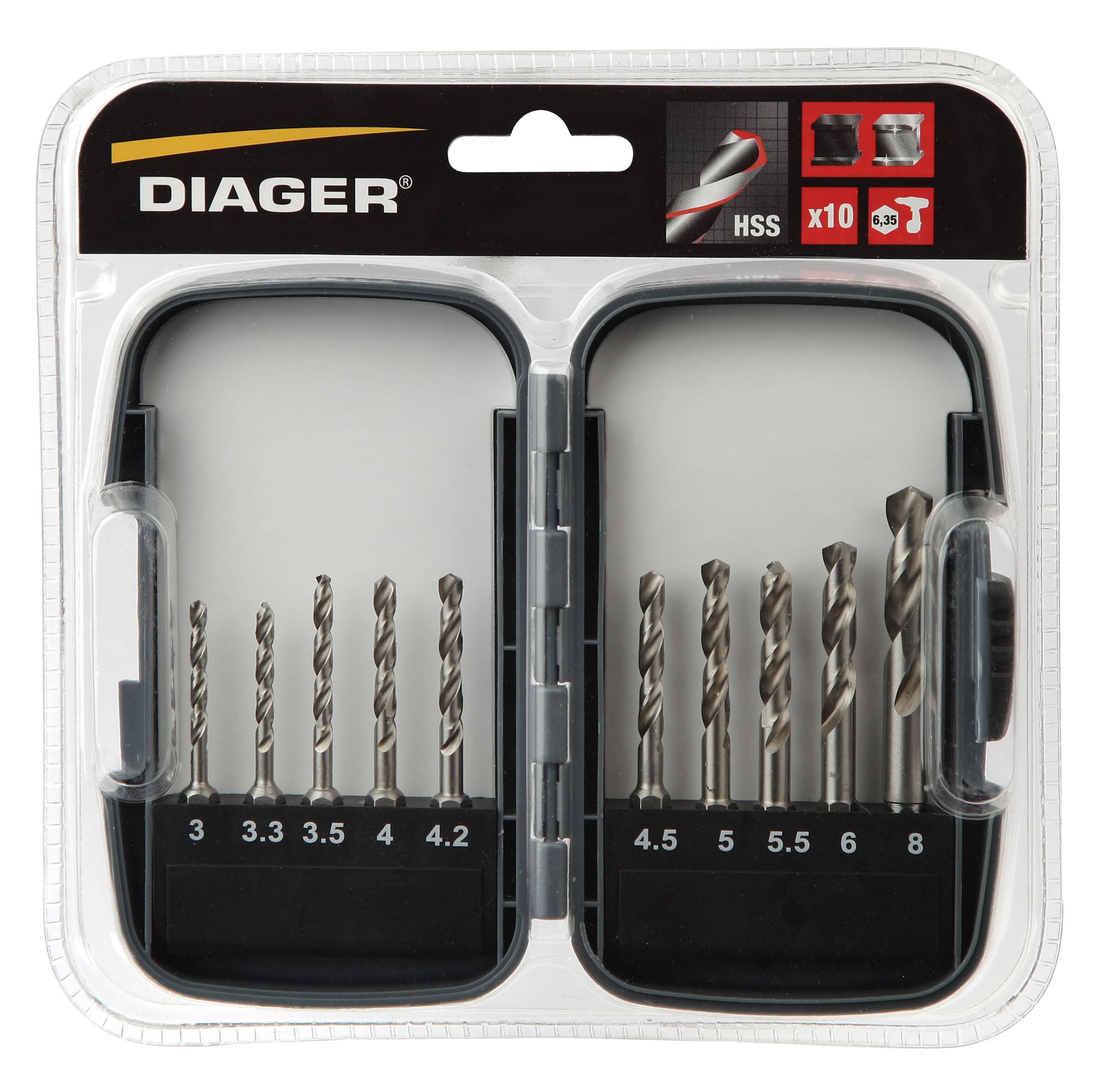 Diager - Borsett HSS 1/4'' bitsfeste, 135gr spiss. 10stk Ø3-3,3-3,5-4-4,2-4,5-5-5,5-6-8mm