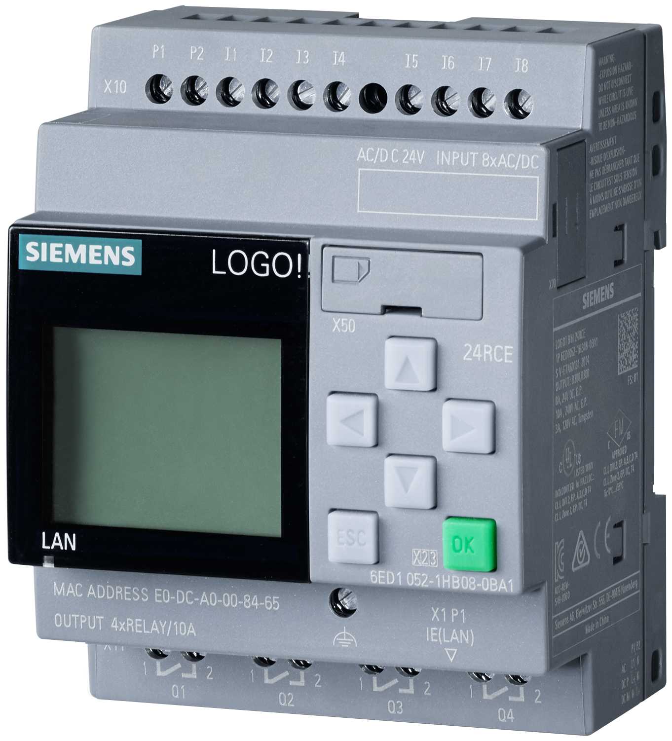 Siemens - LOGO! 24RCE, logikkmodul, display PS / I / O: 24V AC / DC 24V / relé, 8 DI / 4 DQ