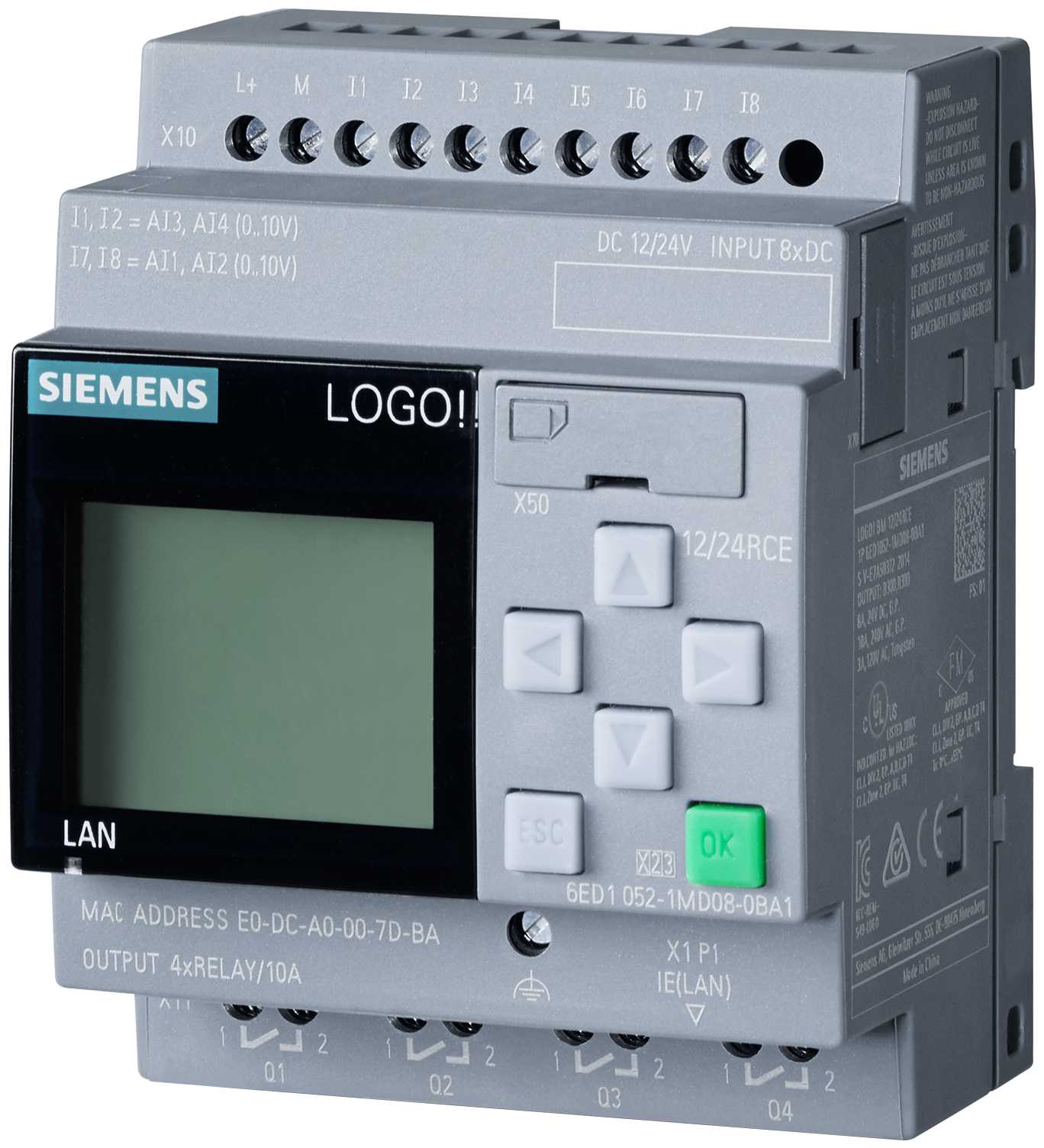 Siemens - LOGO! 12 / 24RCE, logikkmodul, display PS / I / O: 12 / 24VDC / relé, 8 DI (4 AI) / 4 DQ