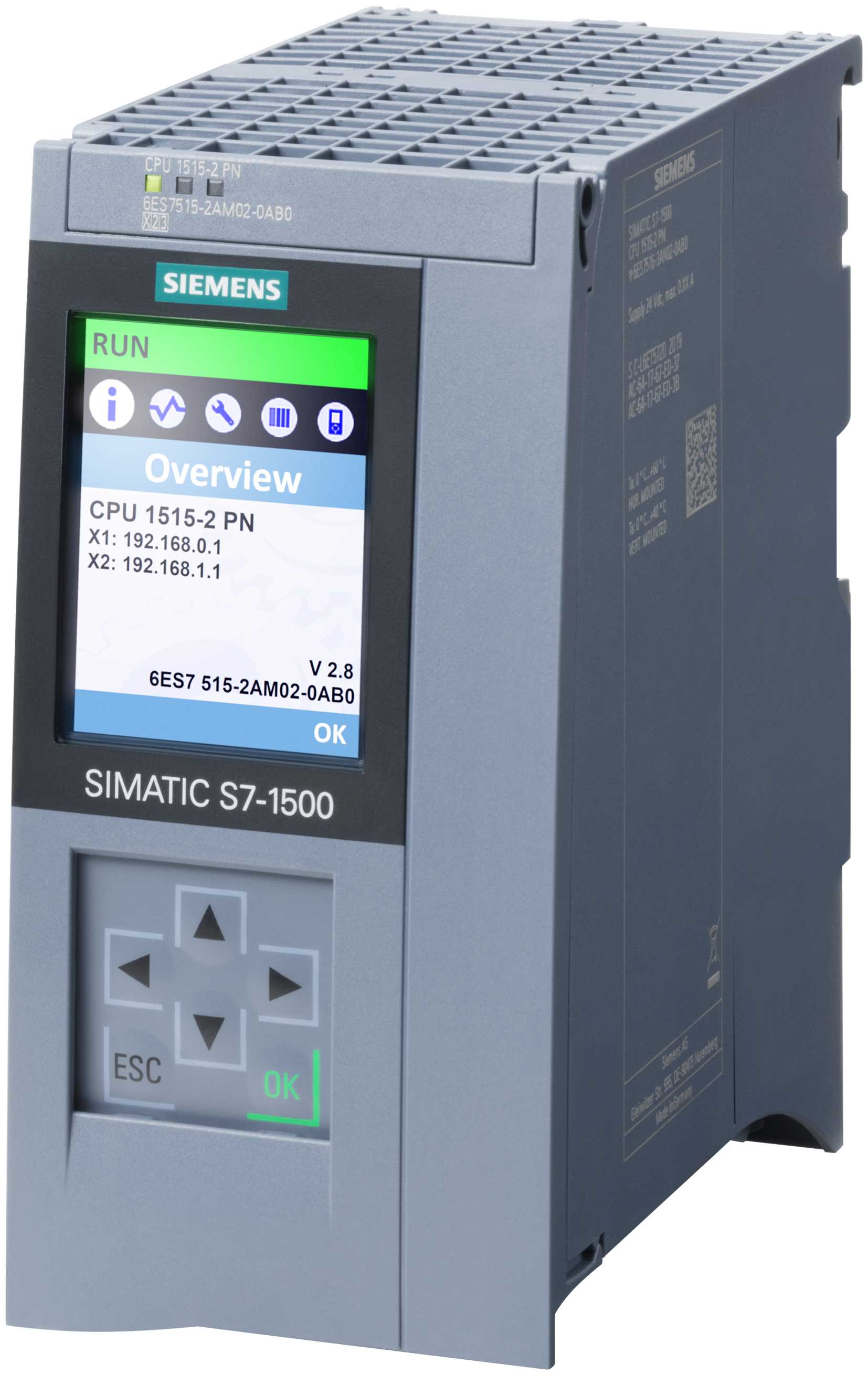 Siemens - SIMATIC S7-1500, CPU 1515-2 PN, 500 KB arbeidsminne for program og 3 MB for data,Minnekort kreves