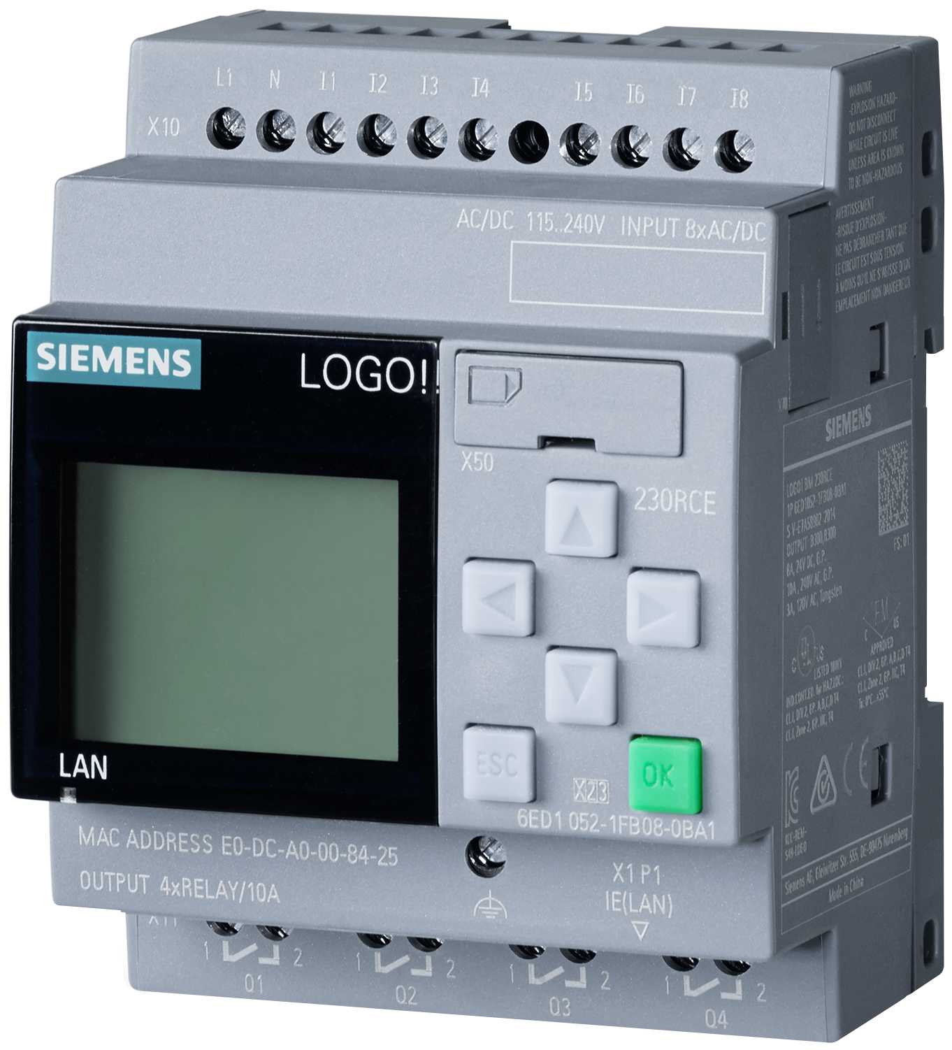 Siemens - LOGO! 230RCE, logikkmodul, display PS / I / O: 115V / 230V / relé, 8 DI / 4 DQ
