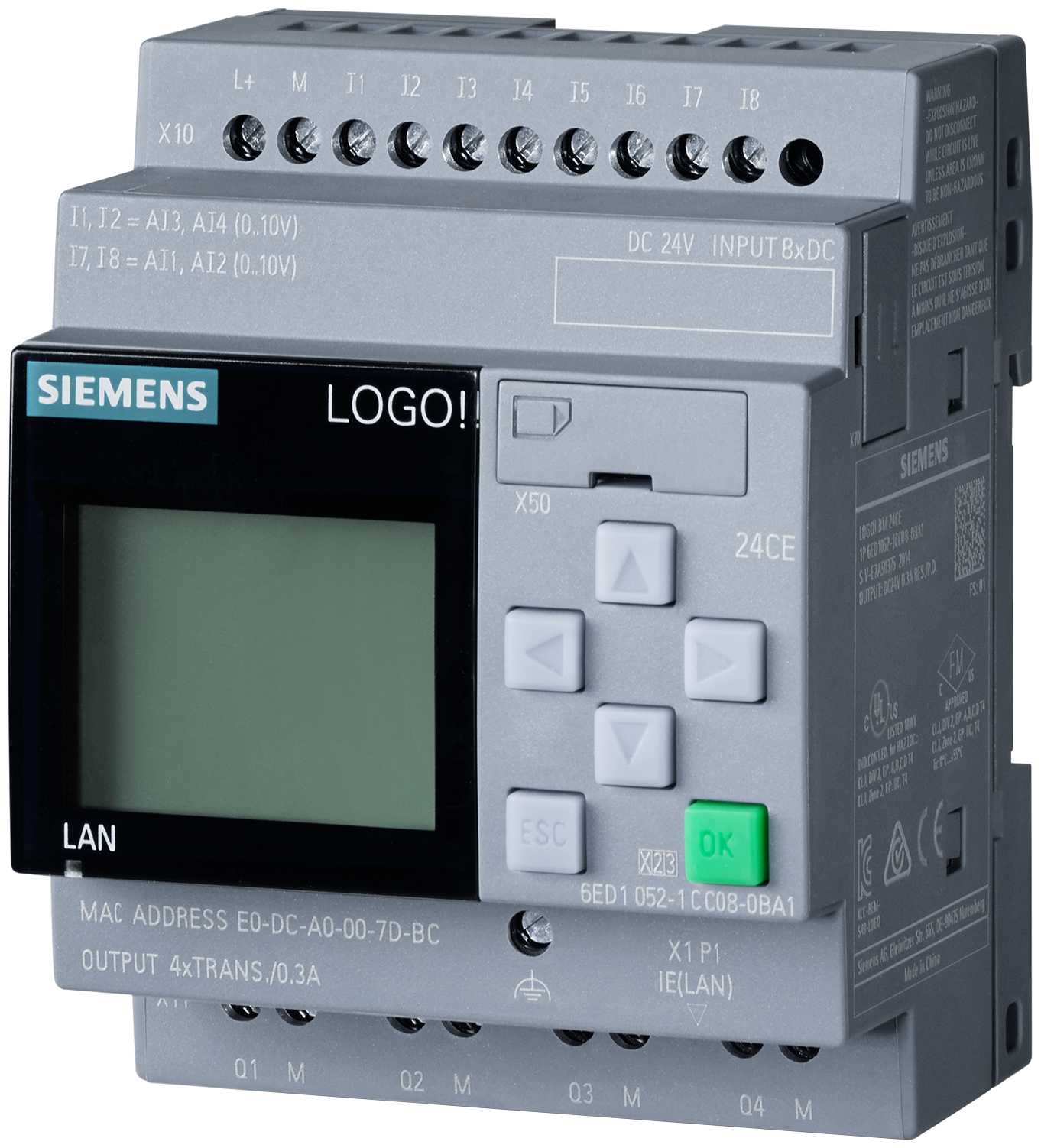 Siemens - LOGO! 24CE, logikkmodul, display PS / I / O: 24 V / 24 V / 24 V trans., 8 DI (4 AI) / 4 DQ