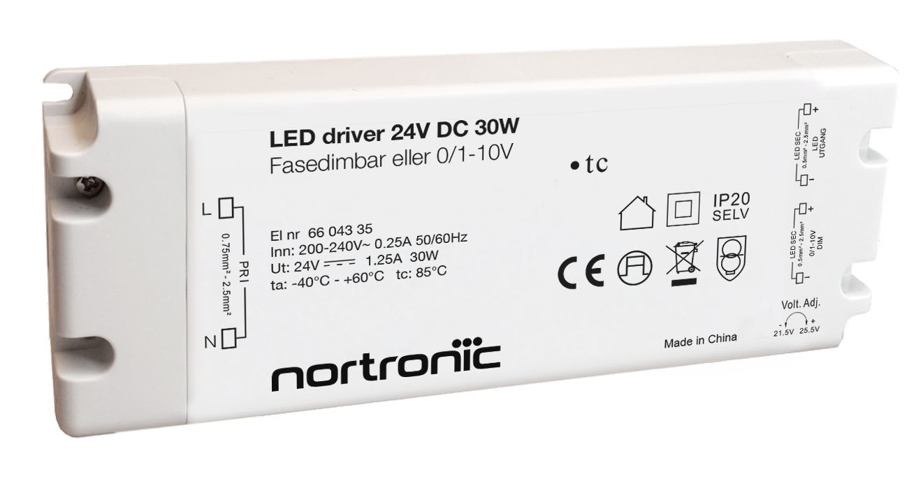 Nortronic - LED driver 24V 3-30W fasedim, 0/1-10V