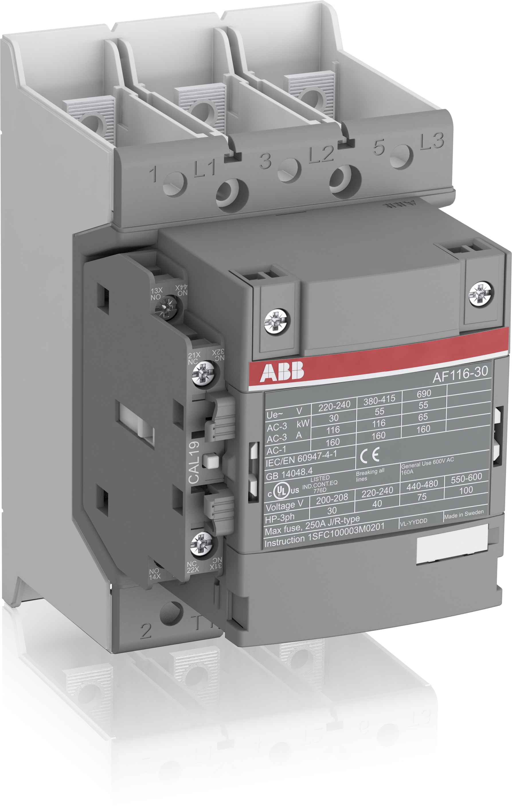 ABB Electrification - AF116-30-11-13B 100-250V 50/60Hz/DC - Kontaktor med skinnetilkobling. Med 1NO+1NC hjelpekontakt.