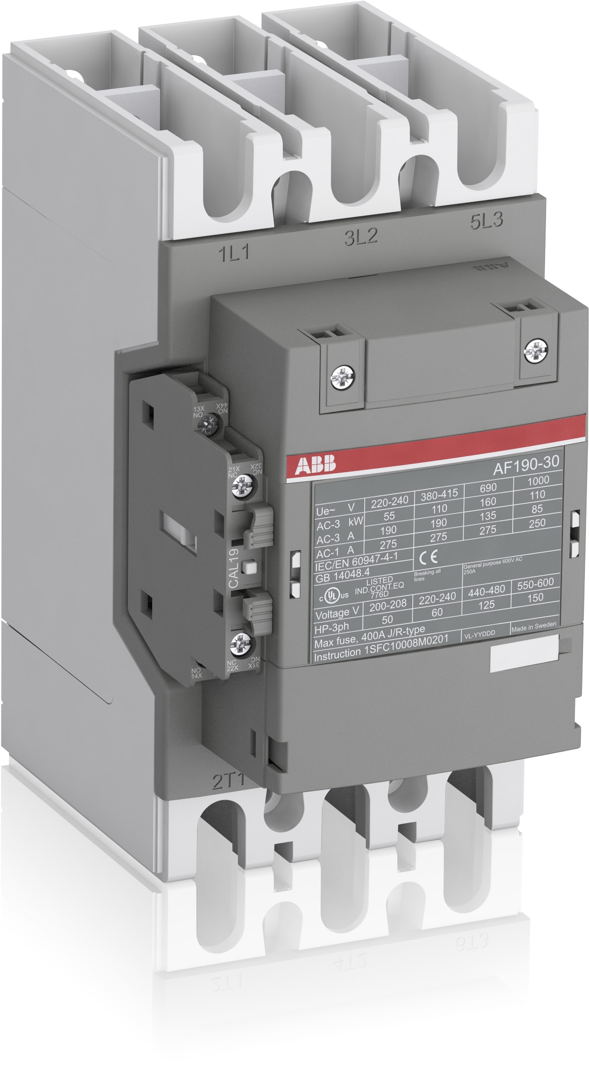 ABB Electrification - AF190-30-11-13 100-250V 50/60Hz/DC - Kontaktor med skinnetilkobling. Med 1NO+1NC hjelpekontakt.