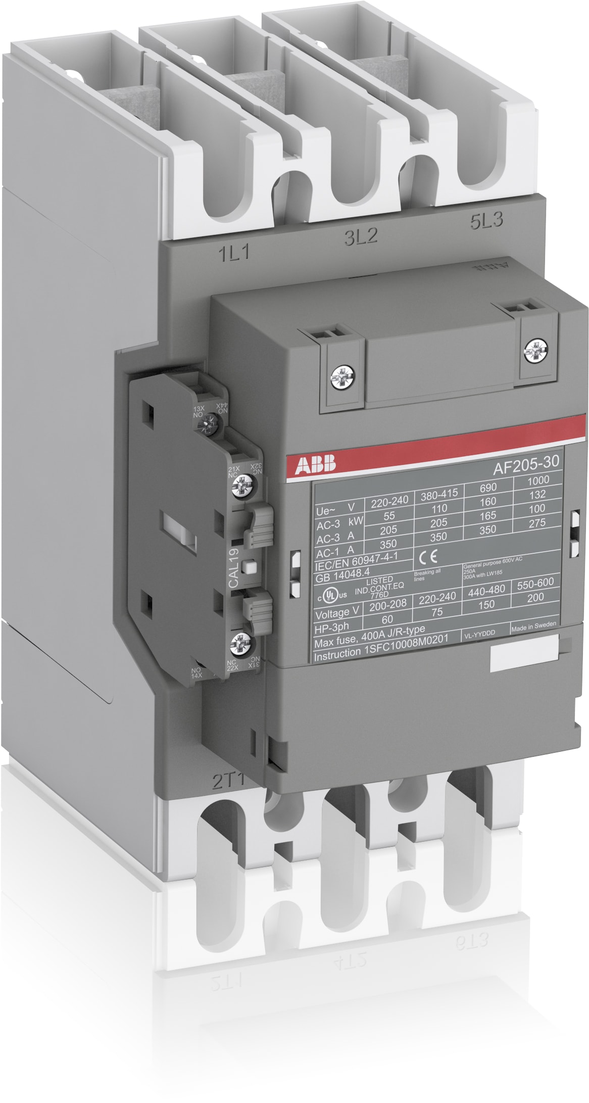 ABB Electrification - AF205-30-11-11 24-60V 50/60Hz / 20-60V DC - Kontaktor med skinnetilkobling. Med 1NO+1NC hjelpekontakt.