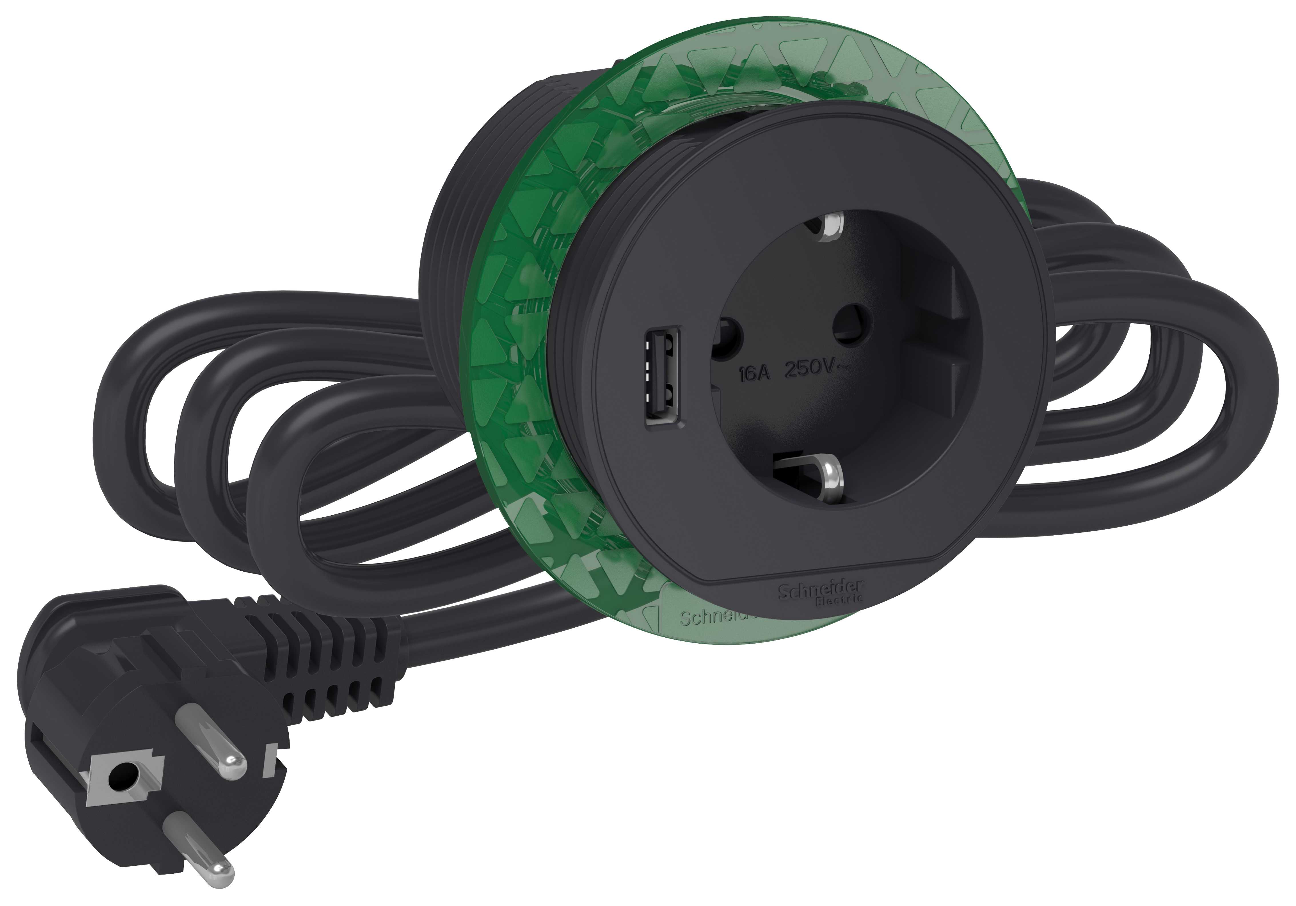 Schneider Electric - Nedfellbar bordenhet XS - 250V 16A - USB-A 3,1A -Antrasitt - Schuko Kabel 2m