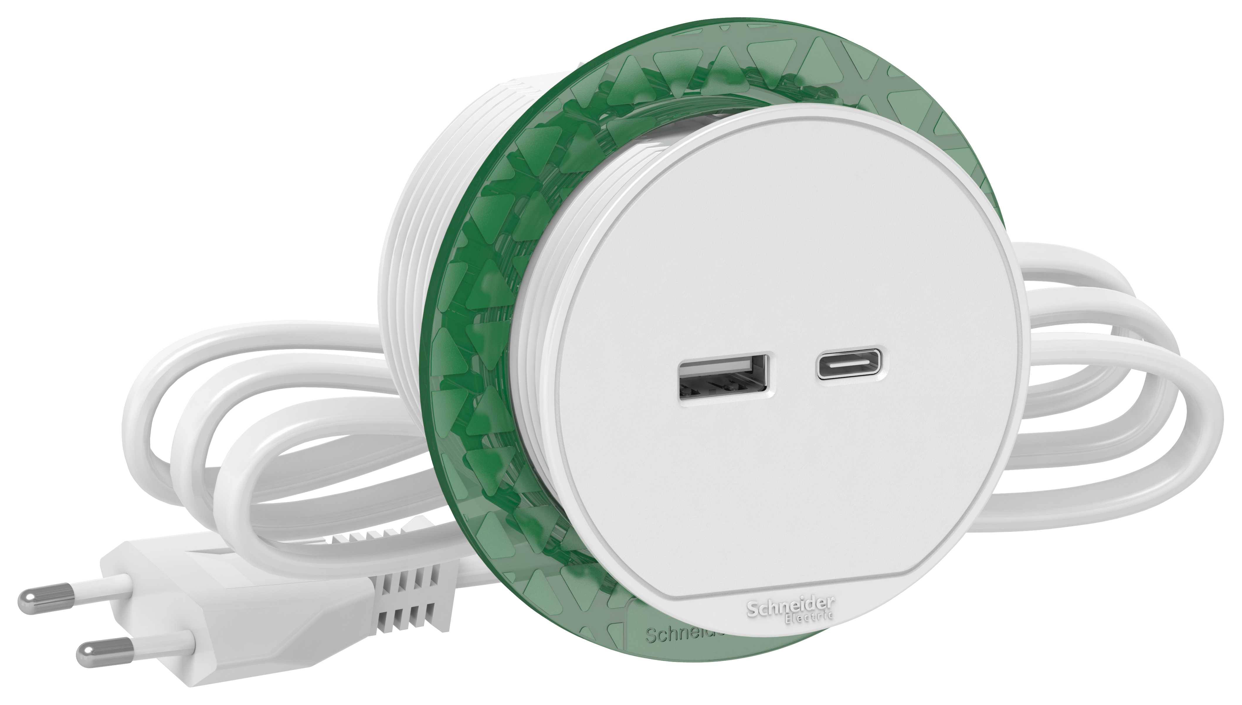 Schneider Electric - Nedfellbar bordenhet XS - USB-A/C  3,1A uttak - Hvit - Schuko Kabel 2m