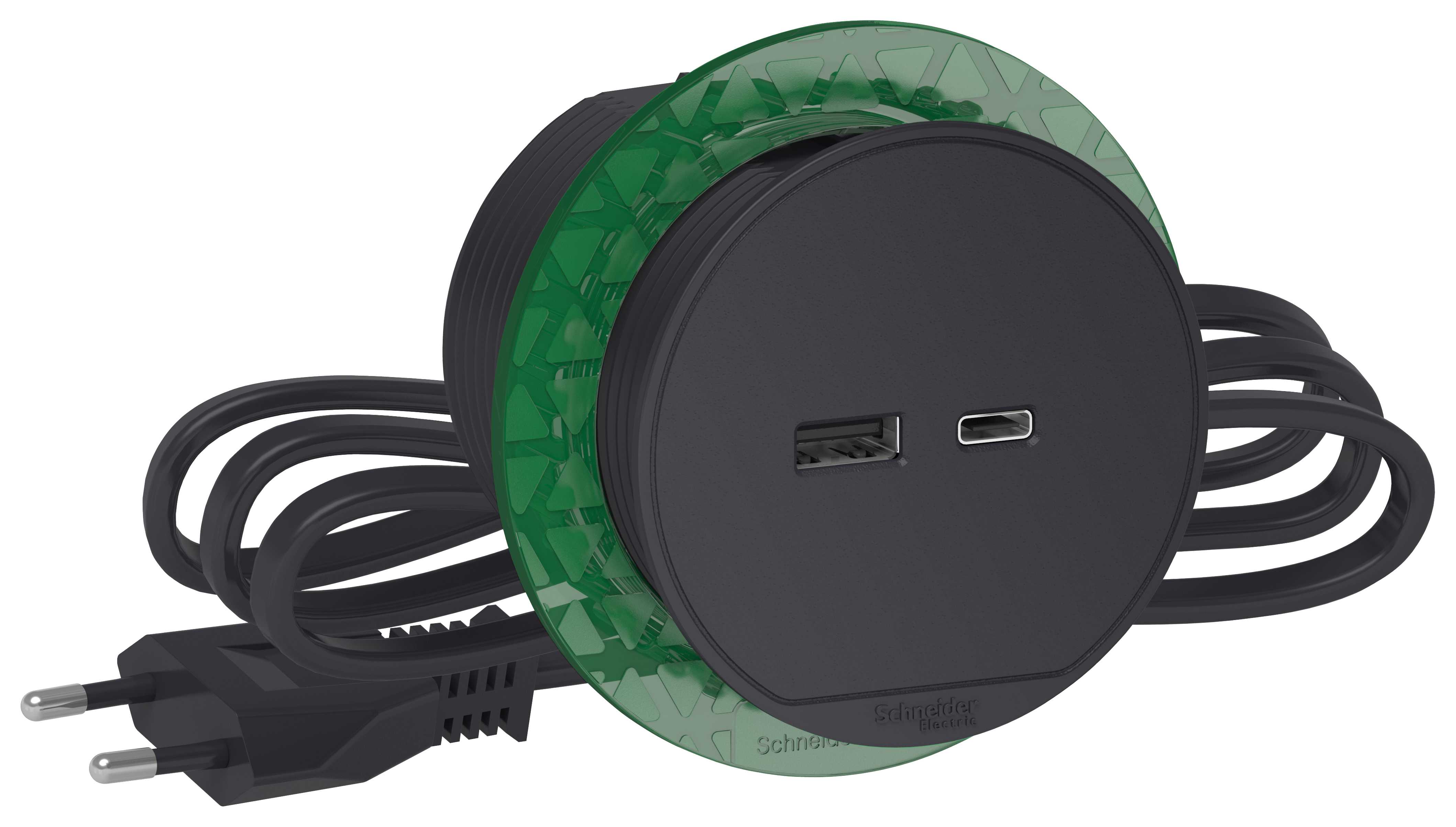 Schneider Electric - Nedfellbar bordenhet XS - USB-A/C  3,1A uttak - Antrasitt - Europlug Kabel 2m