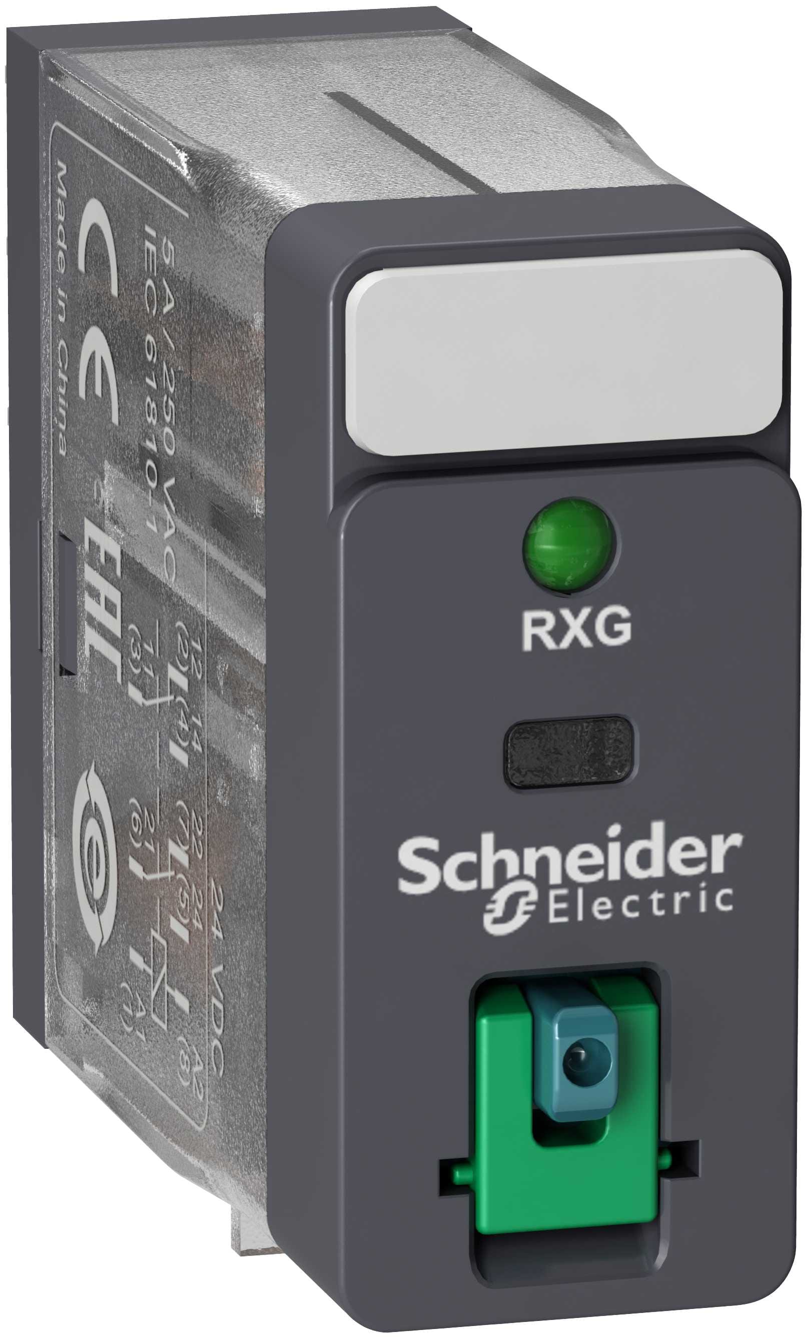 Schneider Electric - RXG pluggrelé med låsbar testknapp og innebygget LED og 2 C/O kontakter på 5A og 24 VDC forsyning