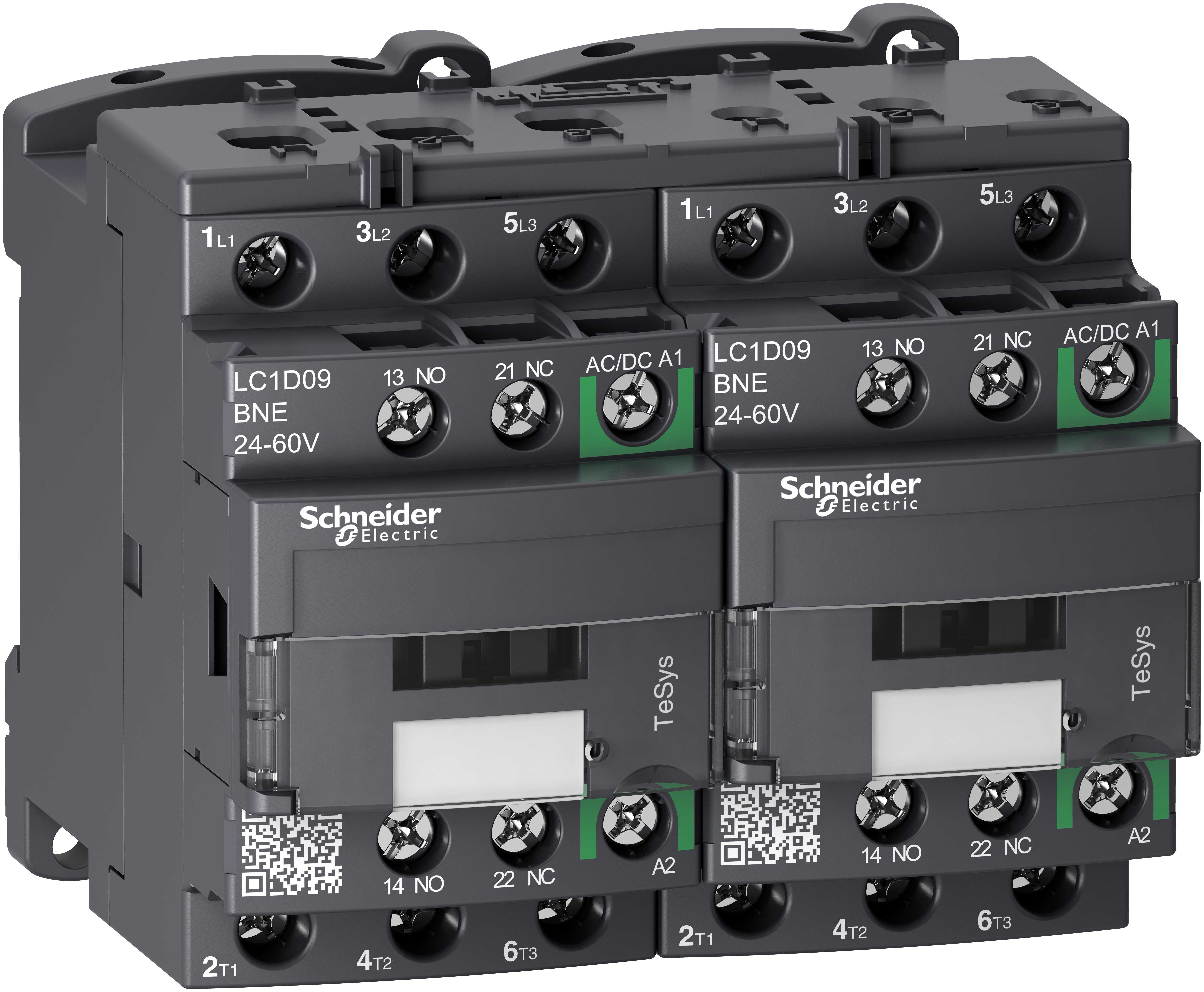Schneider Electric - TeSys D reversing kontaktor - 3P - <= 440 V - 9 A AC-3 - 24...60 V AC/DC spole