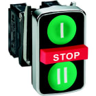 Schneider Electric - Trippel trykknapp komplett med "I" og "II" i hvit på grønne trykflater, STOP på rød i midt 1xNO+1xNC
