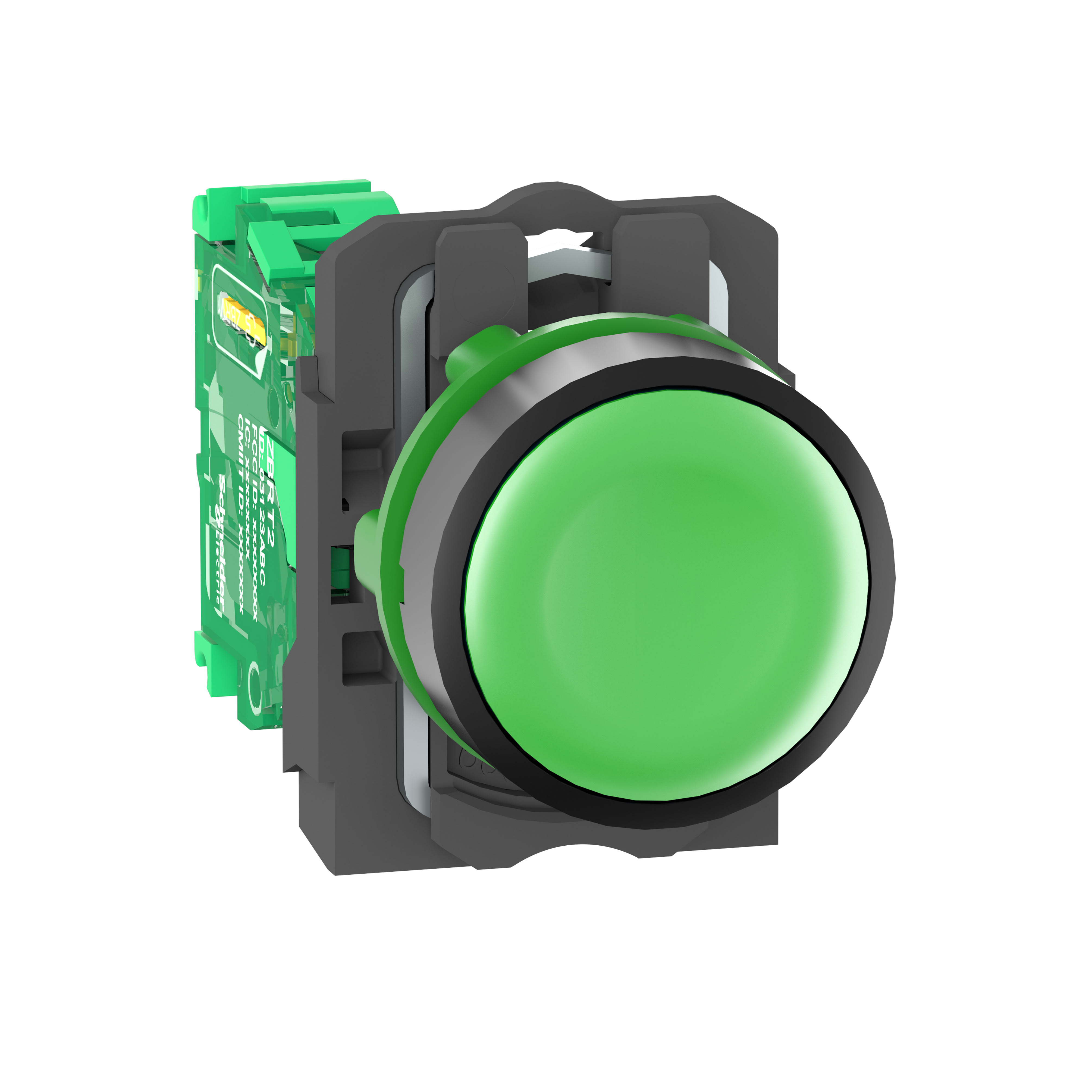 Schneider Electric - Trådløs trykknapp i plast med fjærretur og plan trykflate i grønn farge og sender med 1 signal