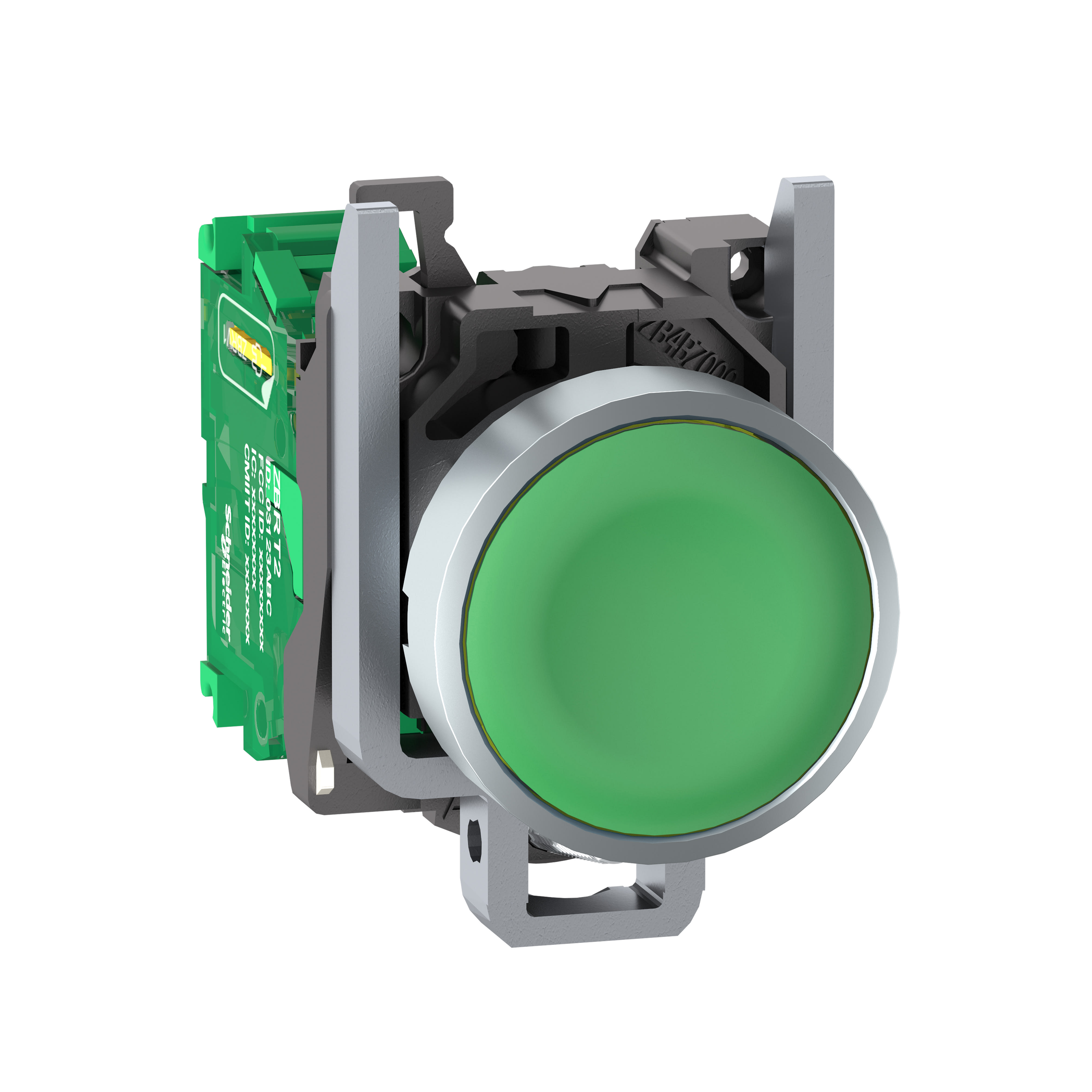 Schneider Electric - Trådløs trykknapp i metall med fjær-retur og plan trykflate i grønn farge og sender med 1 signal