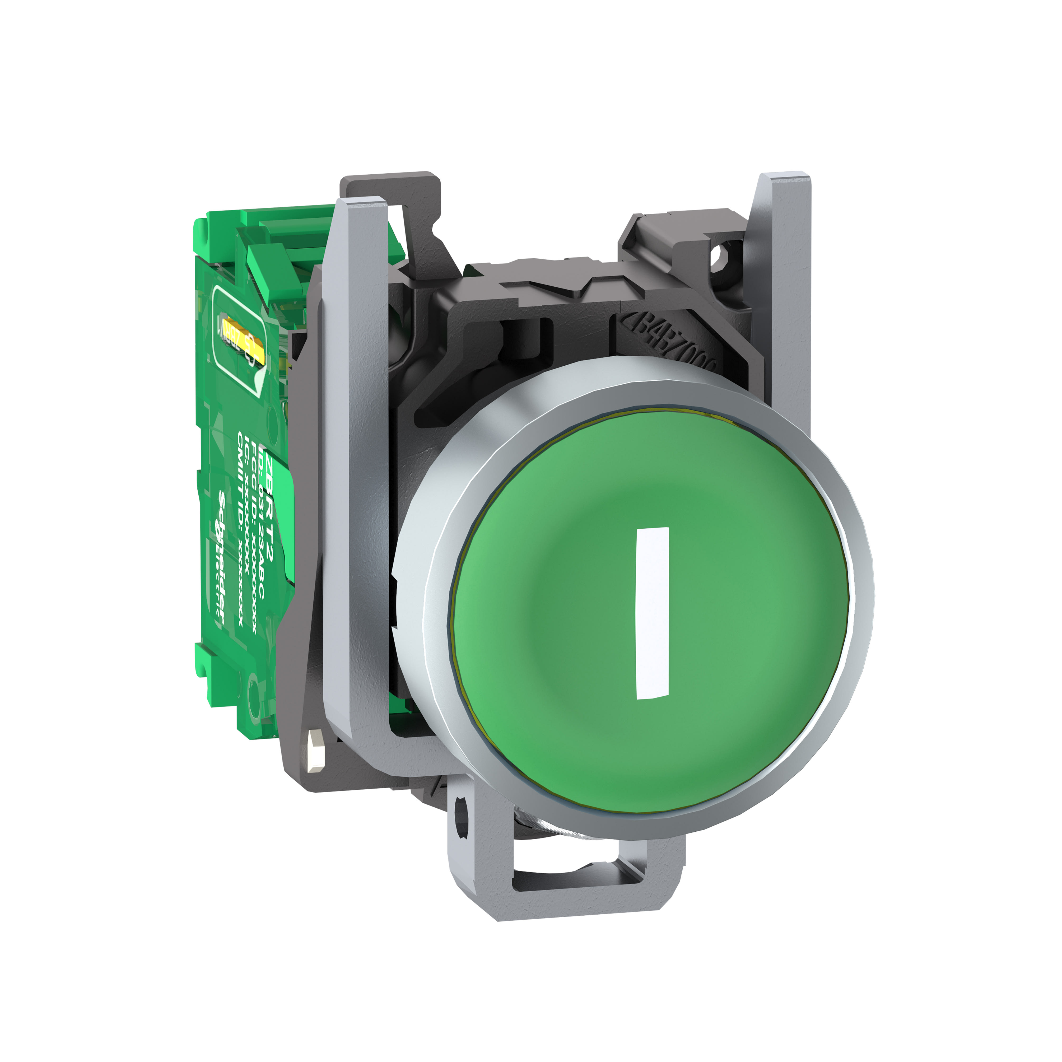 Schneider Electric - Trådløs trykknapp i metall med fjær-retur og plan trykflate i grønn med hvit"I" og sender m 1 signal