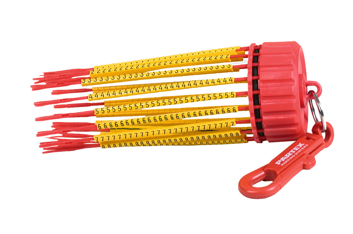 Partex - Rød merkepinne, U , sort på gul. For diam. 1,7-2,8mm, kv. 0,5-1,5mm2.  25 stk. på pinnen