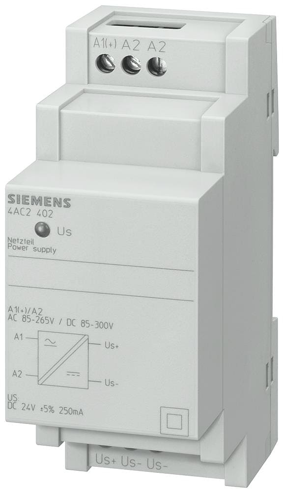 Siemens - Elektronisk trafo, prim 85..265VAC/85..300VDC sec 24VDC+-5% b=36mm. Kortslutning/overlast beskyttet