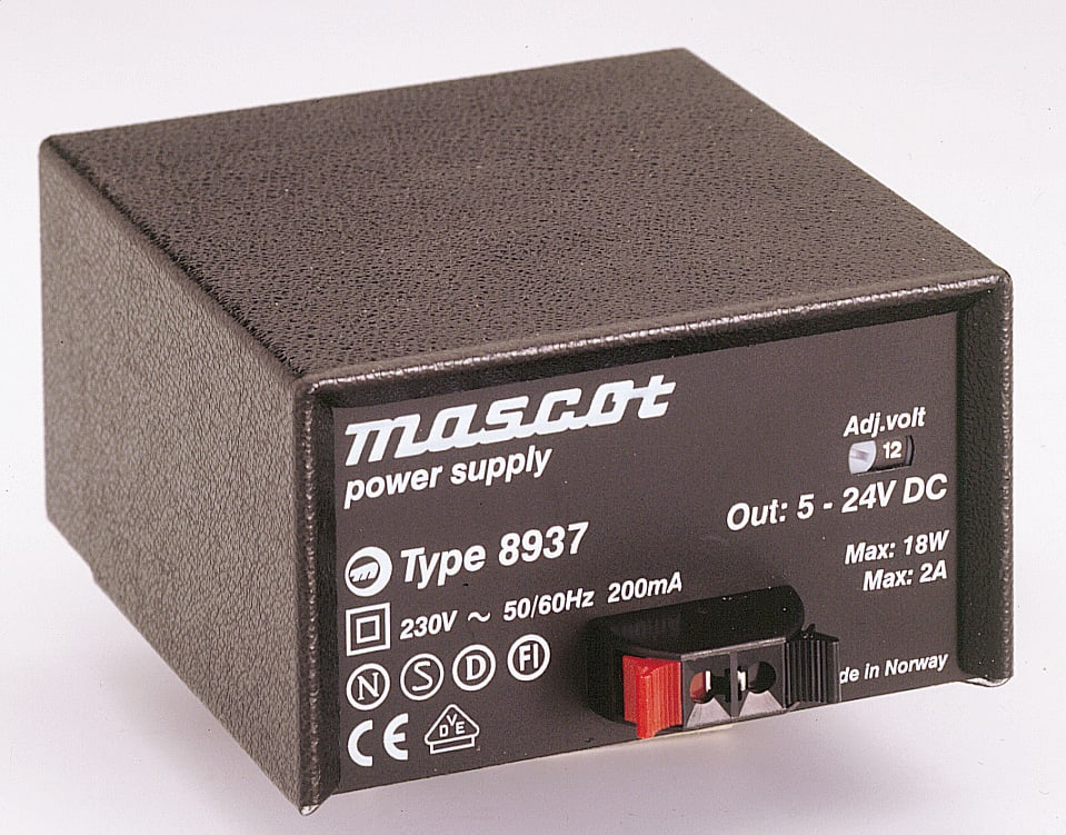 Mascot - 8937 AC/DC Kraftaggregat Sekundær-switch 5-24VDC maks 2A 18W Fast nettledning - snappkontakt