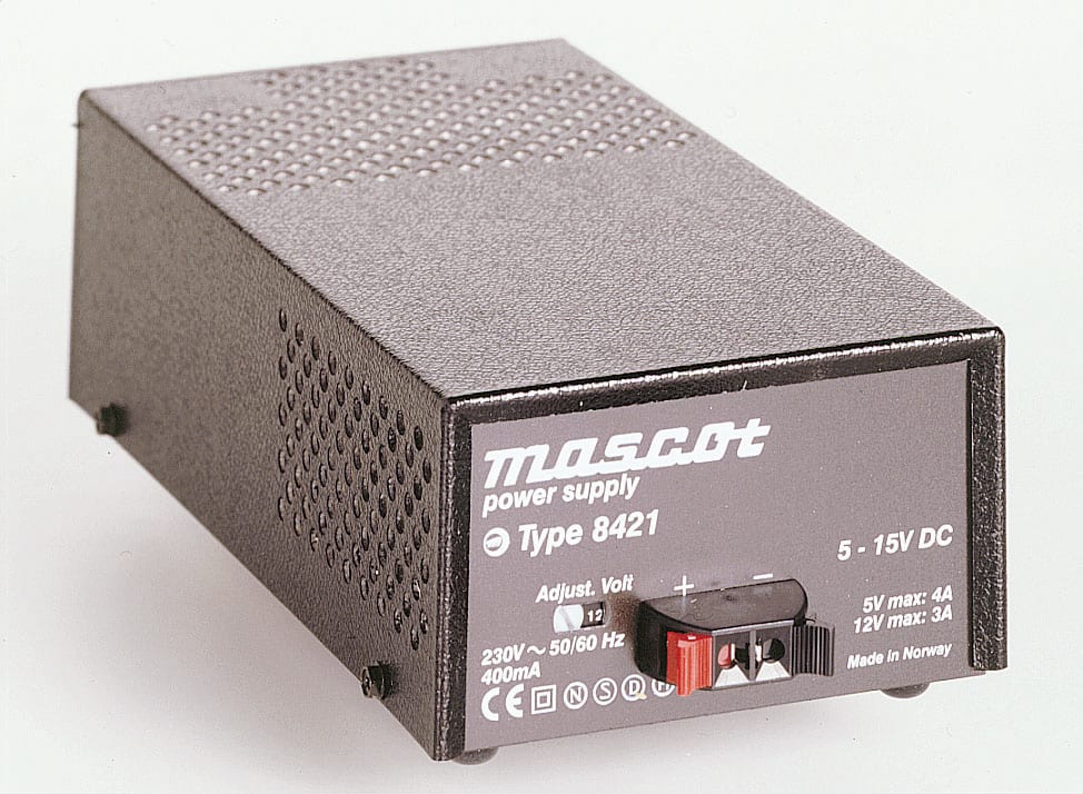 Mascot - 8421 AC/DC Kraftaggregat Sekundær-switch 12-30VDC maks 3A 36W Fast nettledning - snappkontakt